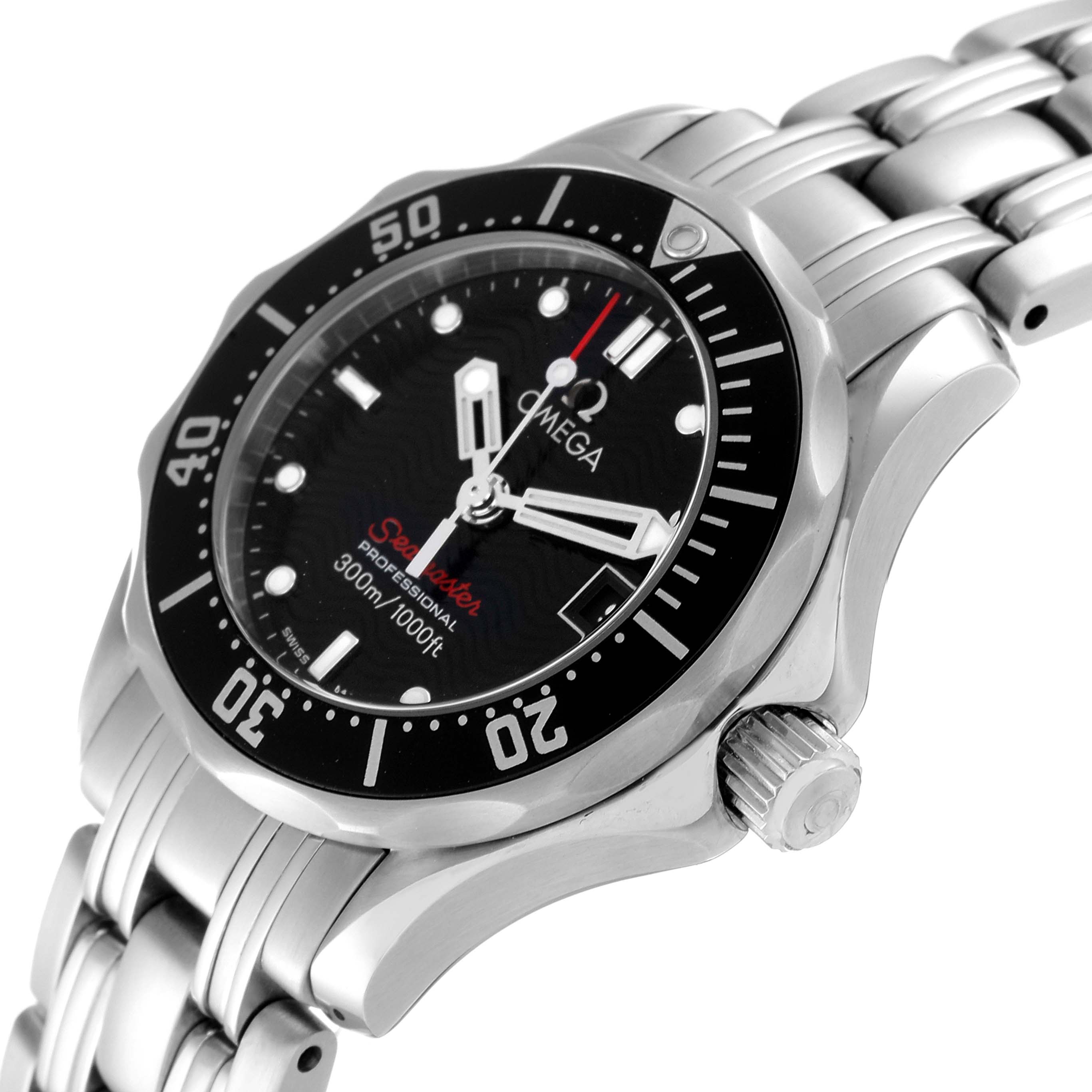 This image shows a close-up angle of the Omega 212.30.28.61.01.001 Women's Stainless Steel Black Dial 212.30.28.61.01.001 Women's Stainless Steel Black Dial Seamaster Steel Black Dial Ladies Watch model 212.30.28.61.01.001, highlighting the bezel, dial, and bracelet.