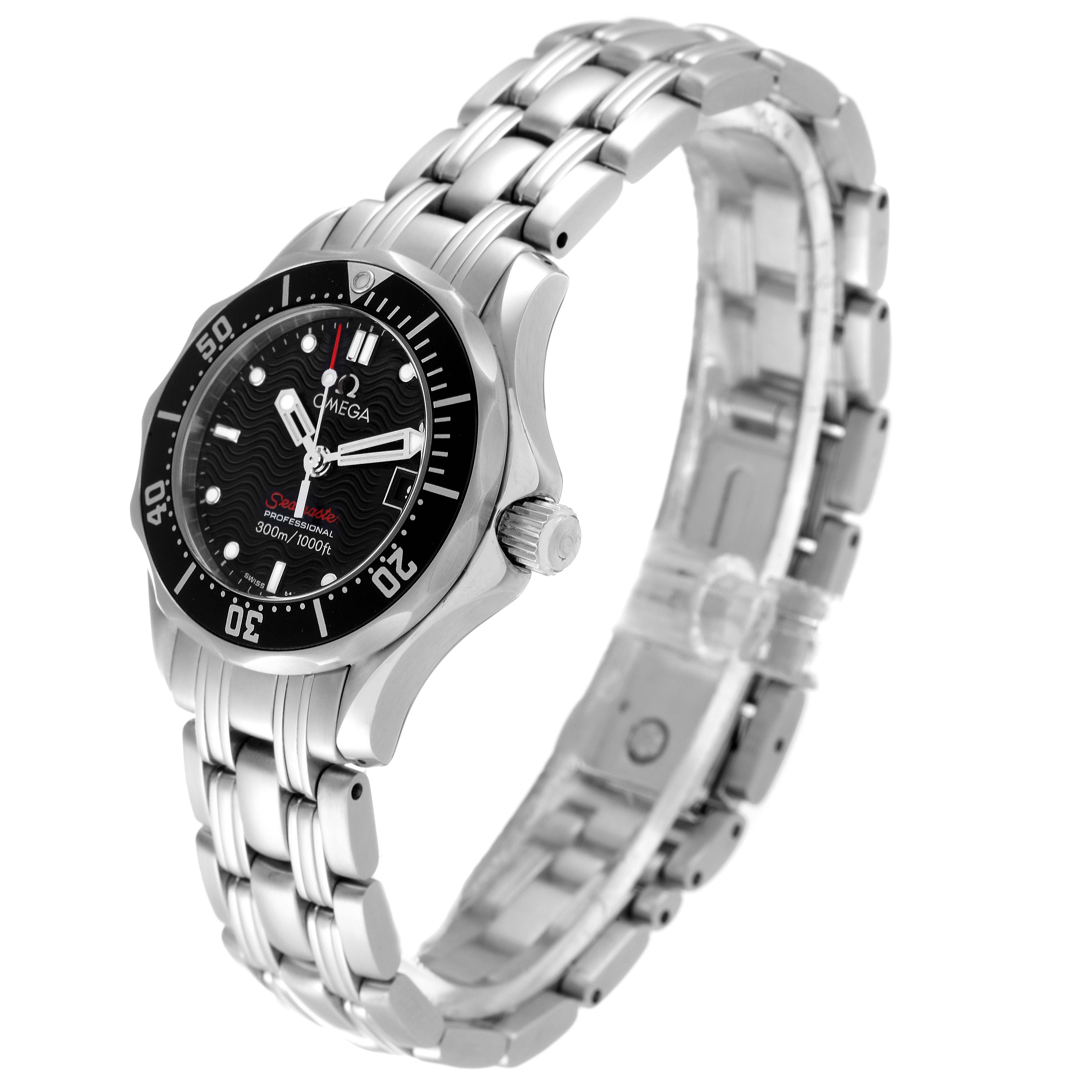 The image shows a side-angle view of the Omega 212.30.28.61.01.001 Women's Stainless Steel Black Dial 212.30.28.61.01.001 Women's Stainless Steel Black Dial Seamaster Steel Black Dial Ladies Watch 212.30.28.61.01.001, featuring its bezel, dial, and bracelet.