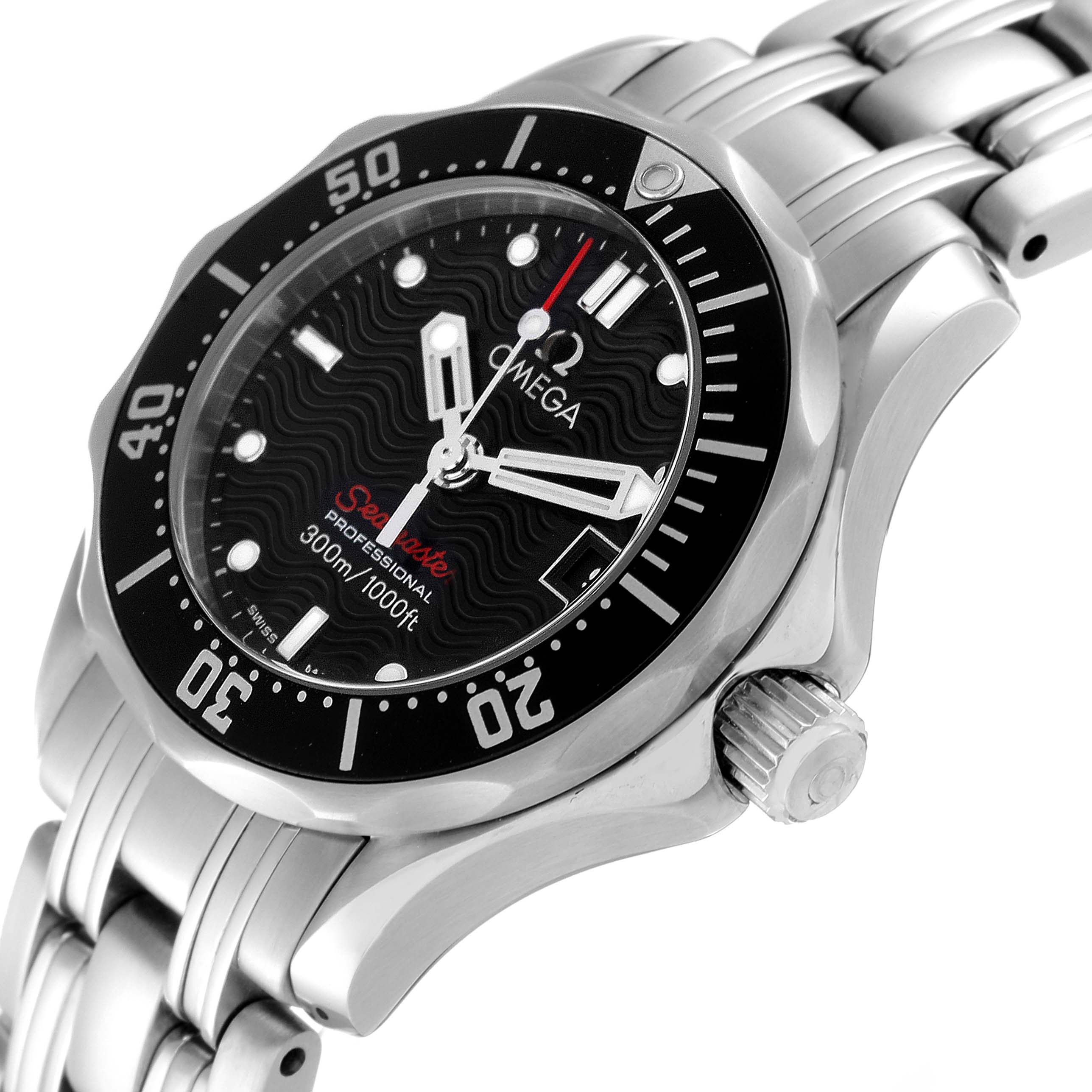 The image shows a close-up side angle of the Omega 212.30.28.61.01.001 Women's Stainless Steel Black Dial 212.30.28.61.01.001 Women's Stainless Steel Black Dial Seamaster Steel Black Dial Ladies Watch 212.30.28.61.01.001, highlighting the bezel, crown, and bracelet.