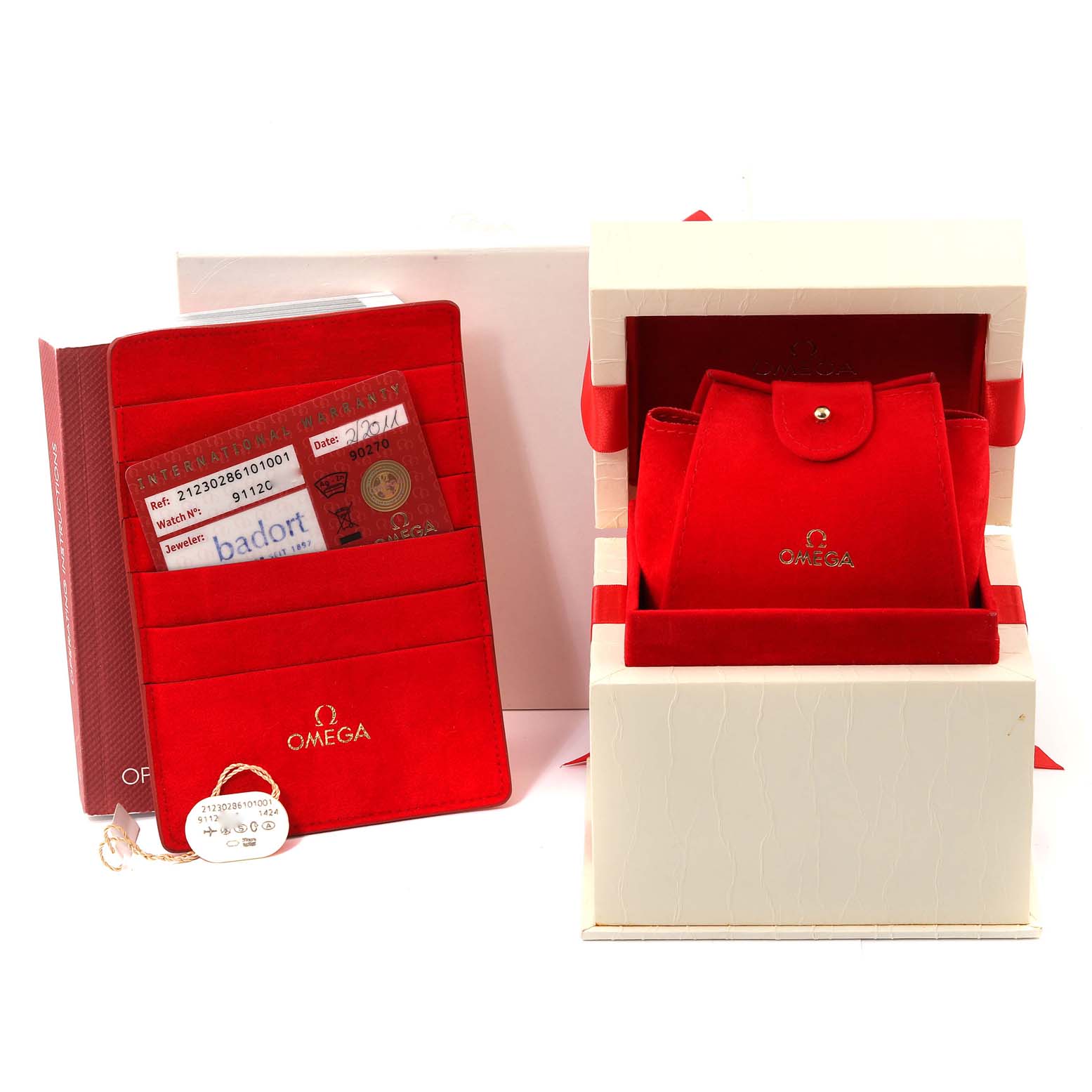 The image shows the Omega 212.30.28.61.01.001 Women's Stainless Steel Black Dial 212.30.28.61.01.001 Women's Stainless Steel Black Dial Seamaster Steel Black Dial Ladies Watch 212.30.28.61.01.001 Box Card with its case, warranty cards, and packaging.