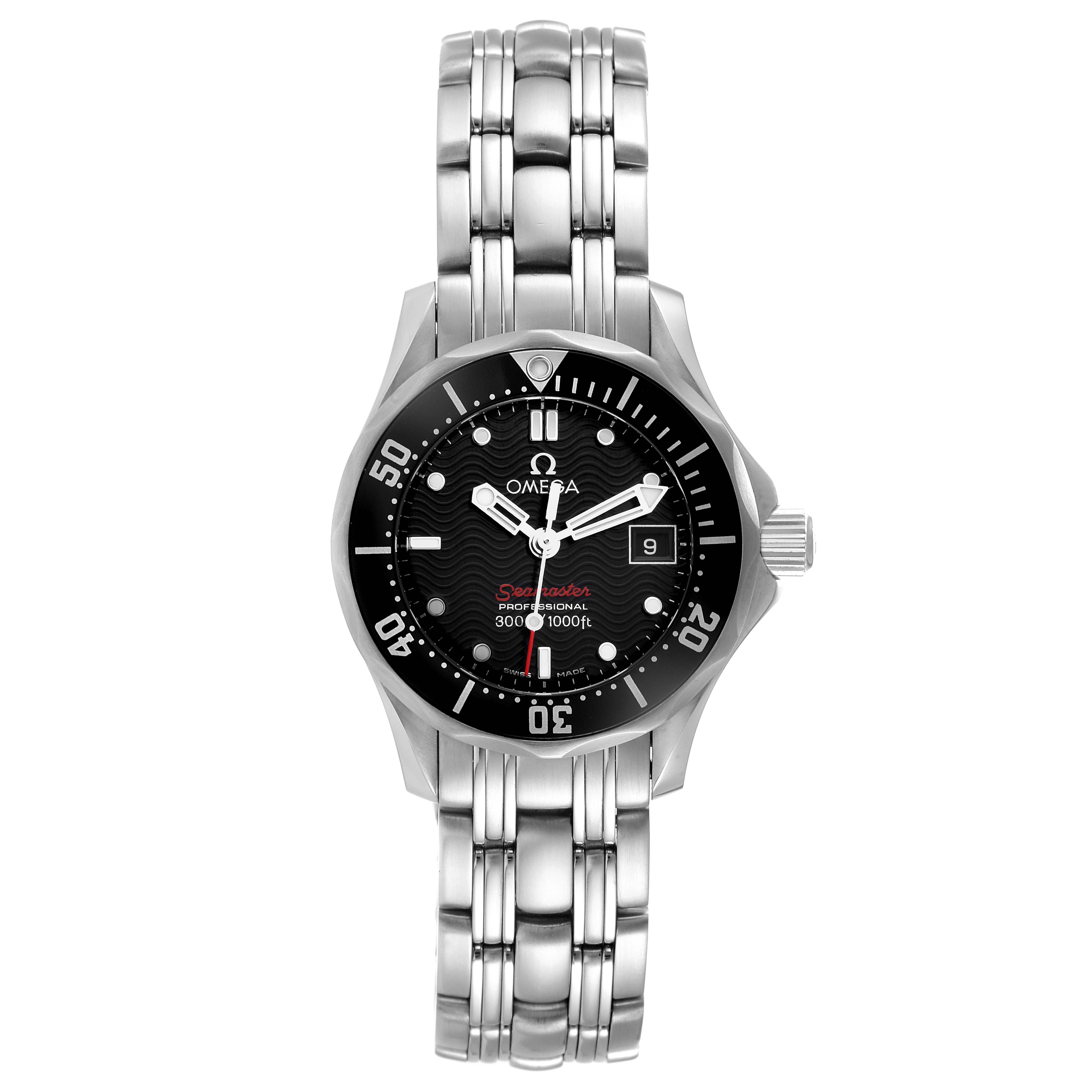 The Omega 212.30.28.61.01.001 Women's Stainless Steel Black Dial 212.30.28.61.01.001 Women's Stainless Steel Black Dial Seamaster Steel Black Dial Ladies Watch 212.30.28.61.01.001 is shown from a top-down angle highlighting its face and bracelet.