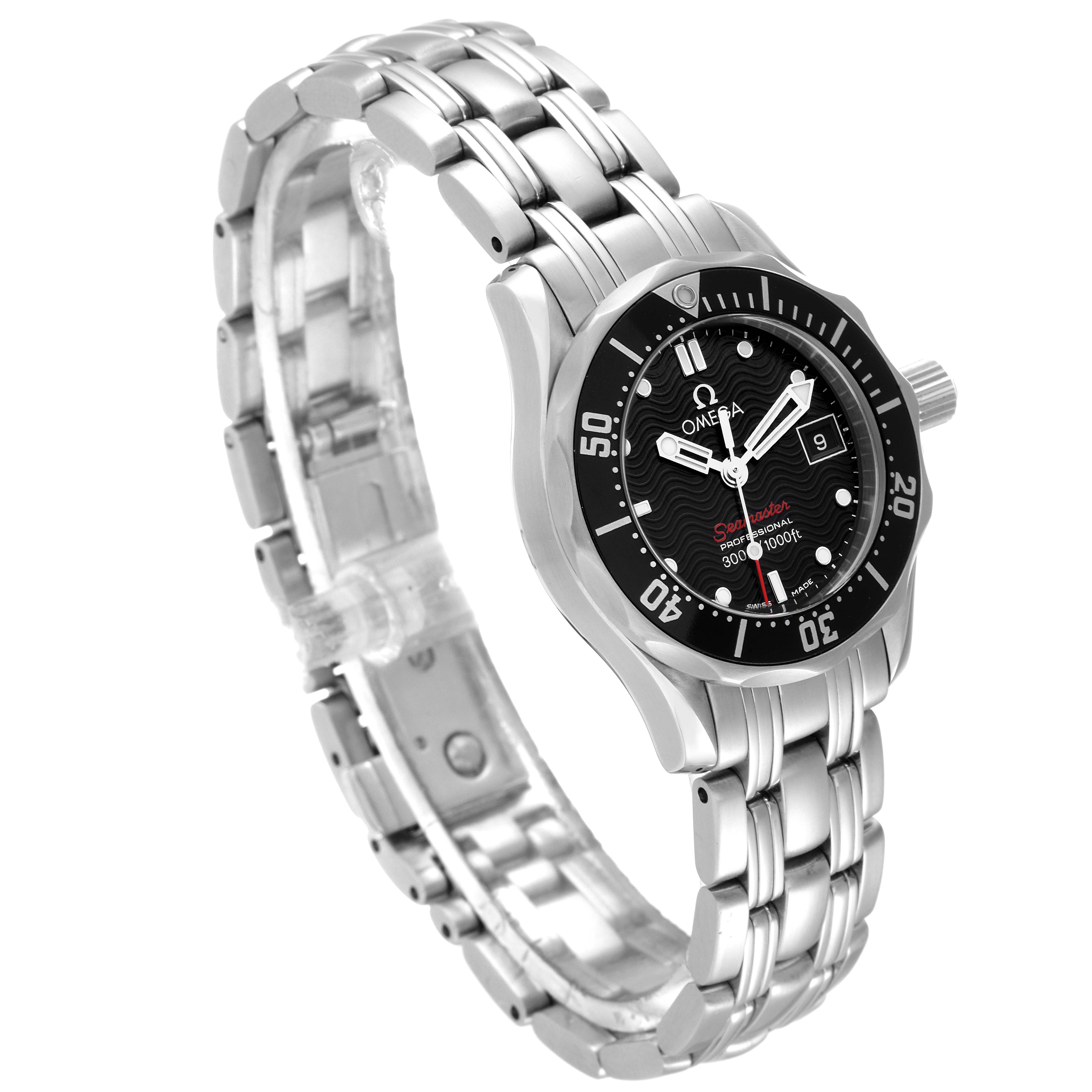 The image shows an Omega 212.30.28.61.01.001 Women's Stainless Steel Black Dial 212.30.28.61.01.001 Women's Stainless Steel Black Dial Seamaster Steel Black Dial Ladies Watch 212.30.28.61.01.001 from a front-left angle, highlighting the dial and bracelet.