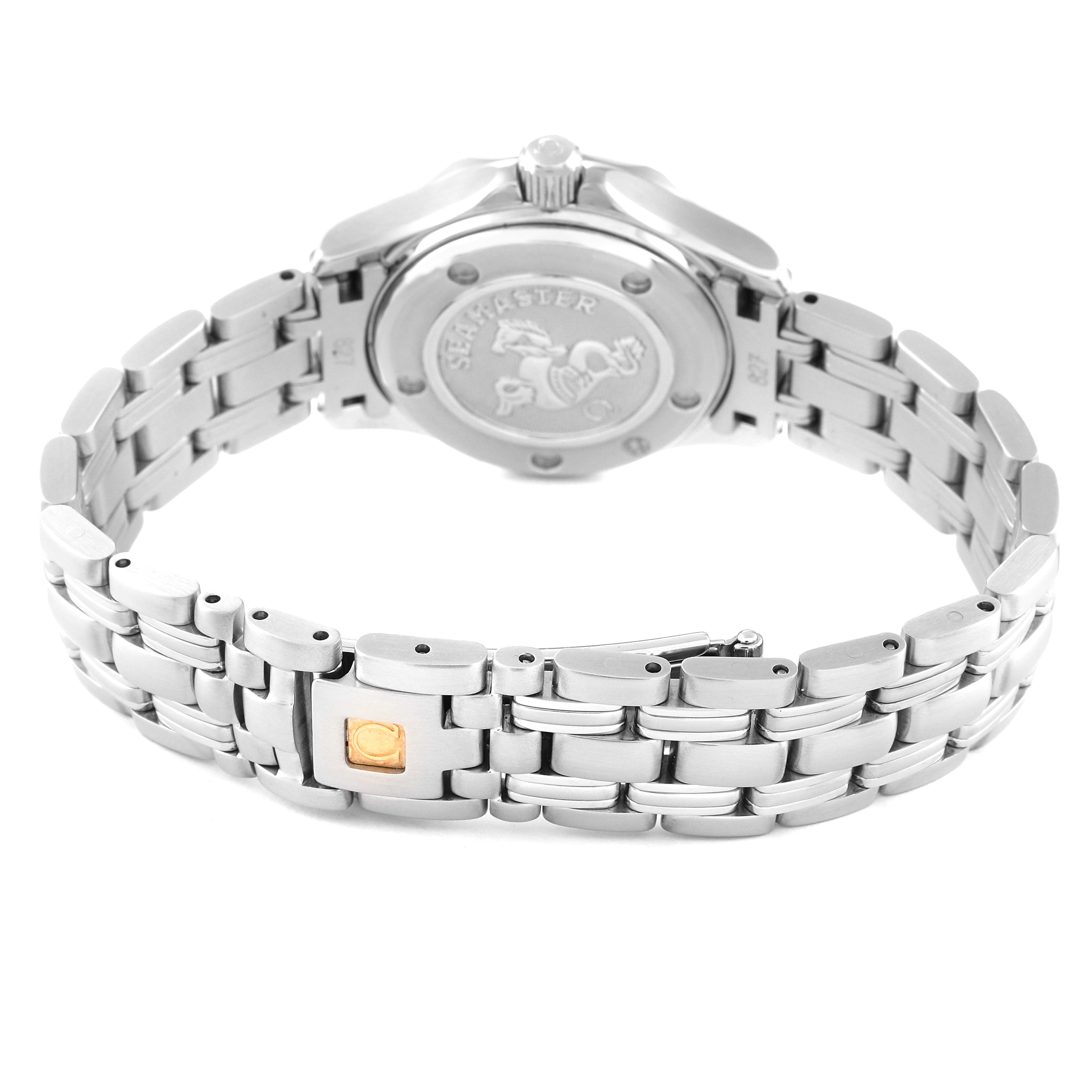 The image shows the back case and metal bracelet of the Omega 212.30.28.61.01.001 Women's Stainless Steel Black Dial 212.30.28.61.01.001 Women's Stainless Steel Black Dial Seamaster Steel Black Dial Ladies Watch 212.30.28.61.01.001.