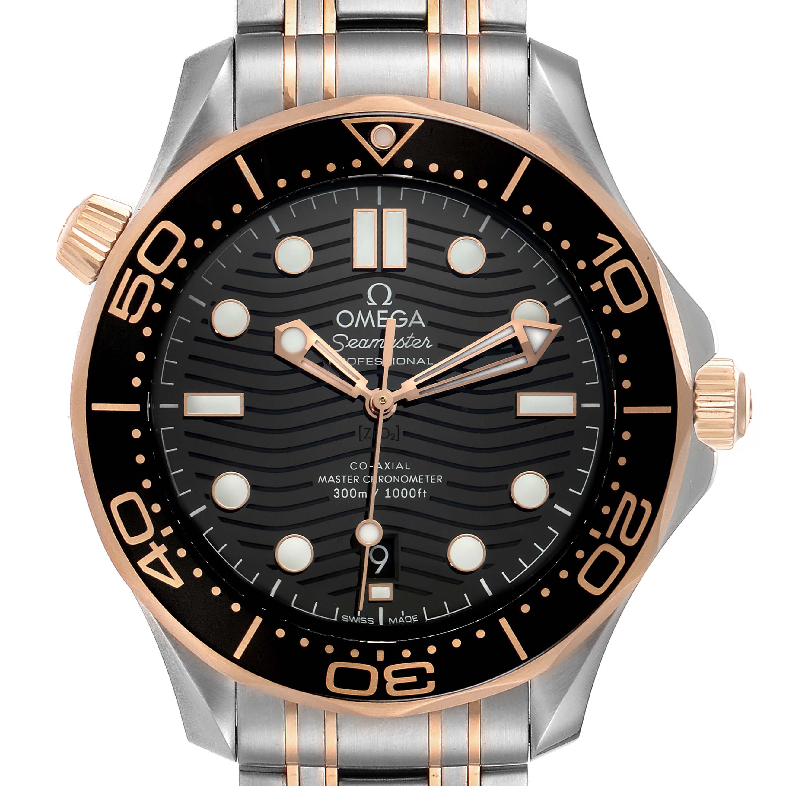 The image shows the front view of the Omega Seamaster 210.20.42.20.01.001 Men's Steel and Gold (two tone) Black Dial 210.20.42.20.01.001 Men's Steel and Gold (two tone) Black Dial watch, highlighting the dial, bezel, and part of the bracelet.