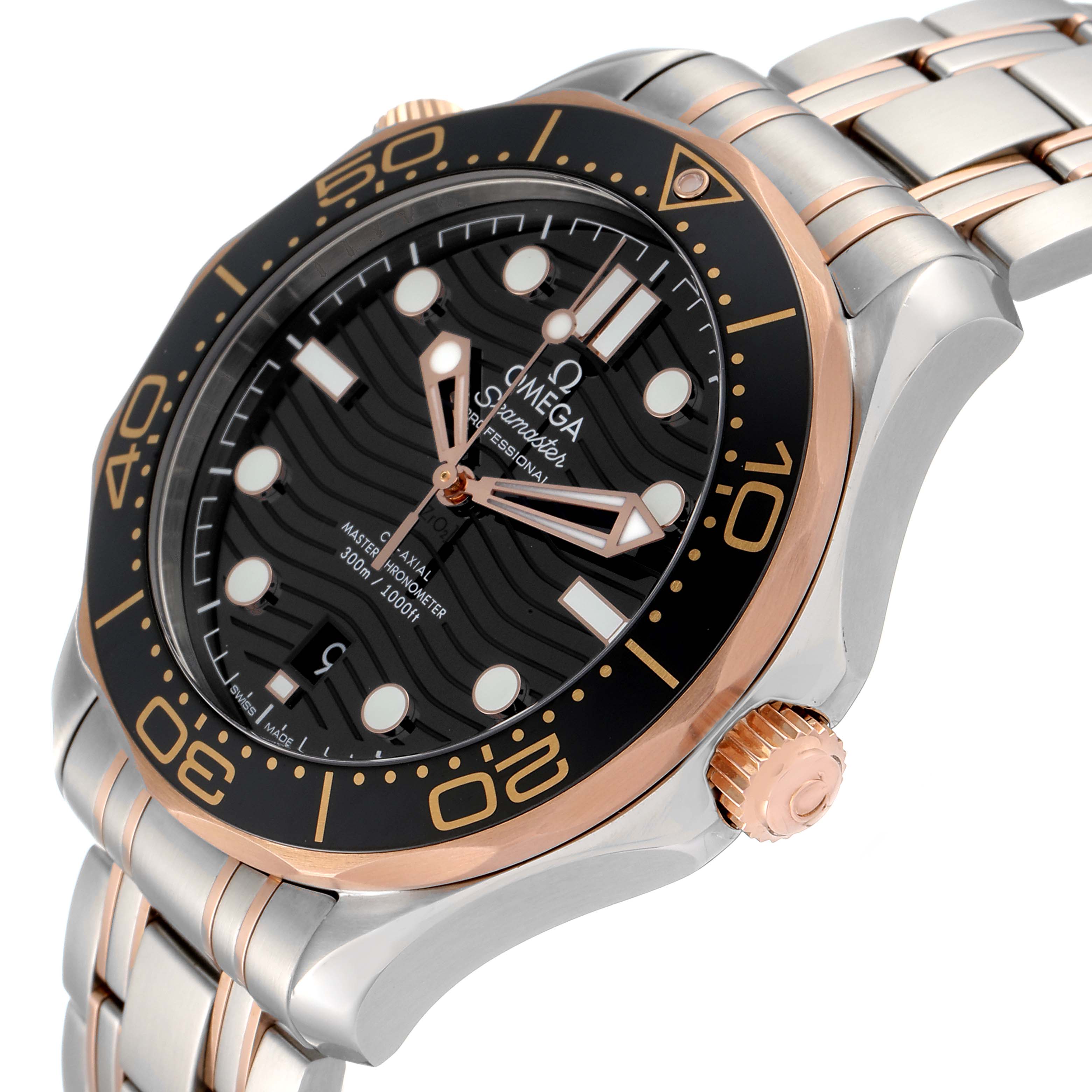 The image shows an angled view of an Omega Seamaster 210.20.42.20.01.001 Men's Steel and Gold (two tone) Black Dial 210.20.42.20.01.001 Men's Steel and Gold (two tone) Black Dial watch, highlighting the dial, bezel, crown, and part of the bracelet.