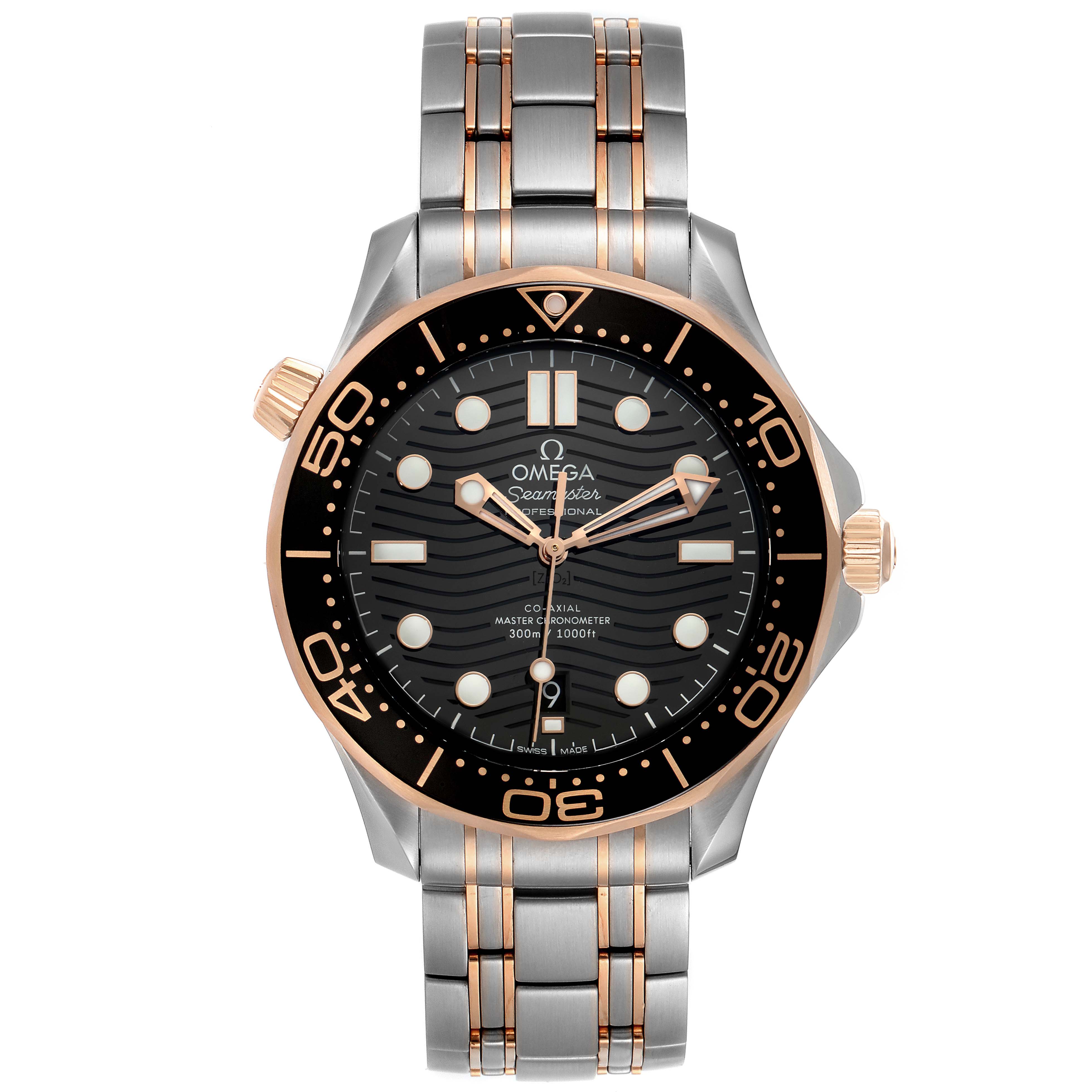 The Omega Seamaster 210.20.42.20.01.001 Men's Steel and Gold (two tone) Black Dial 210.20.42.20.01.001 Men's Steel and Gold (two tone) Black Dial watch is shown from a front angle, displaying the dial, bezel, crown, and bracelet.