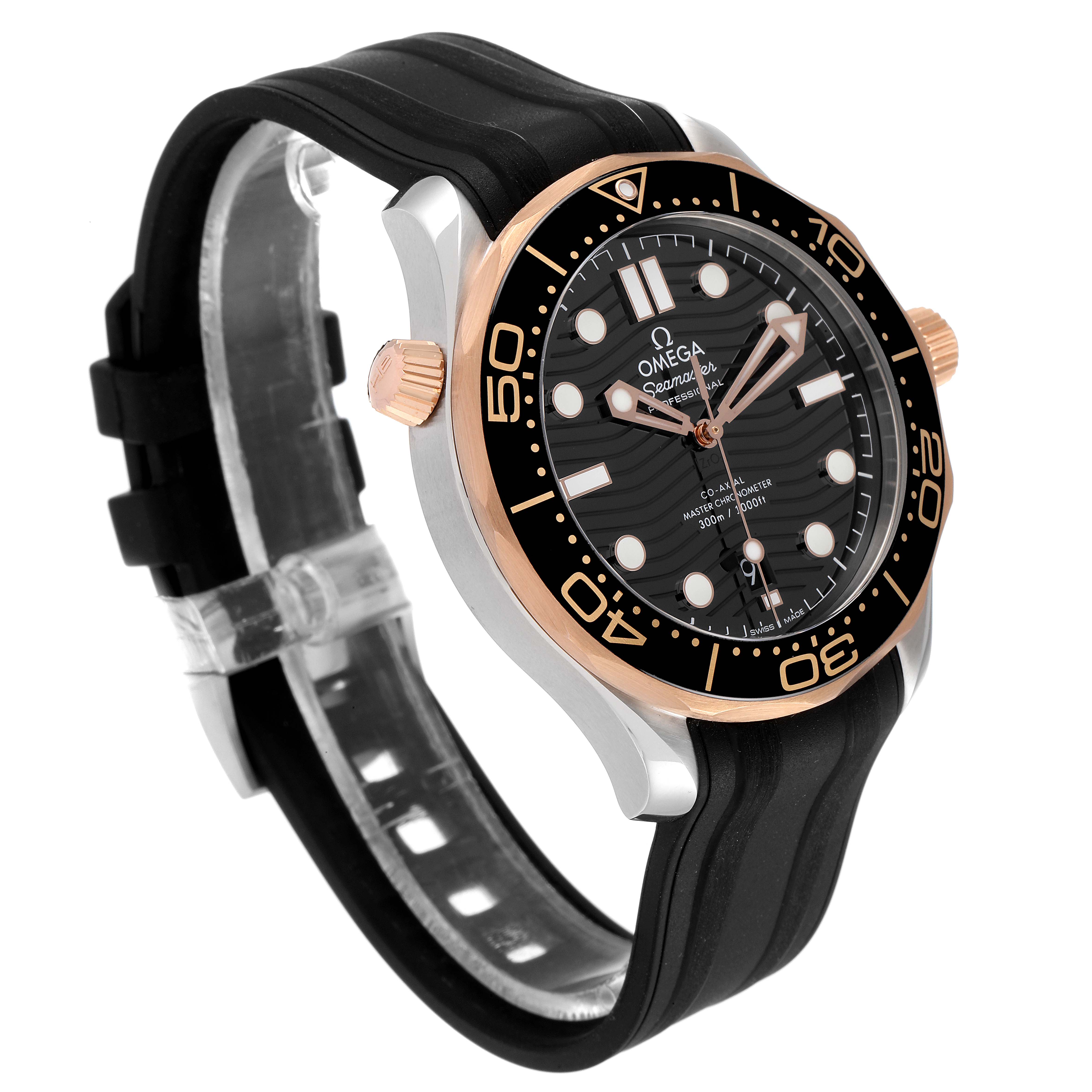 The image shows a side-angle view of an Omega Seamaster 210.22.42.20.01.002 Men's Steel and Gold (two tone) Black Dial 210.22.42.20.01.002 Men's Steel and Gold (two tone) Black Dial watch, highlighting the black dial, black bezel, rose gold accents, and black rubber strap.