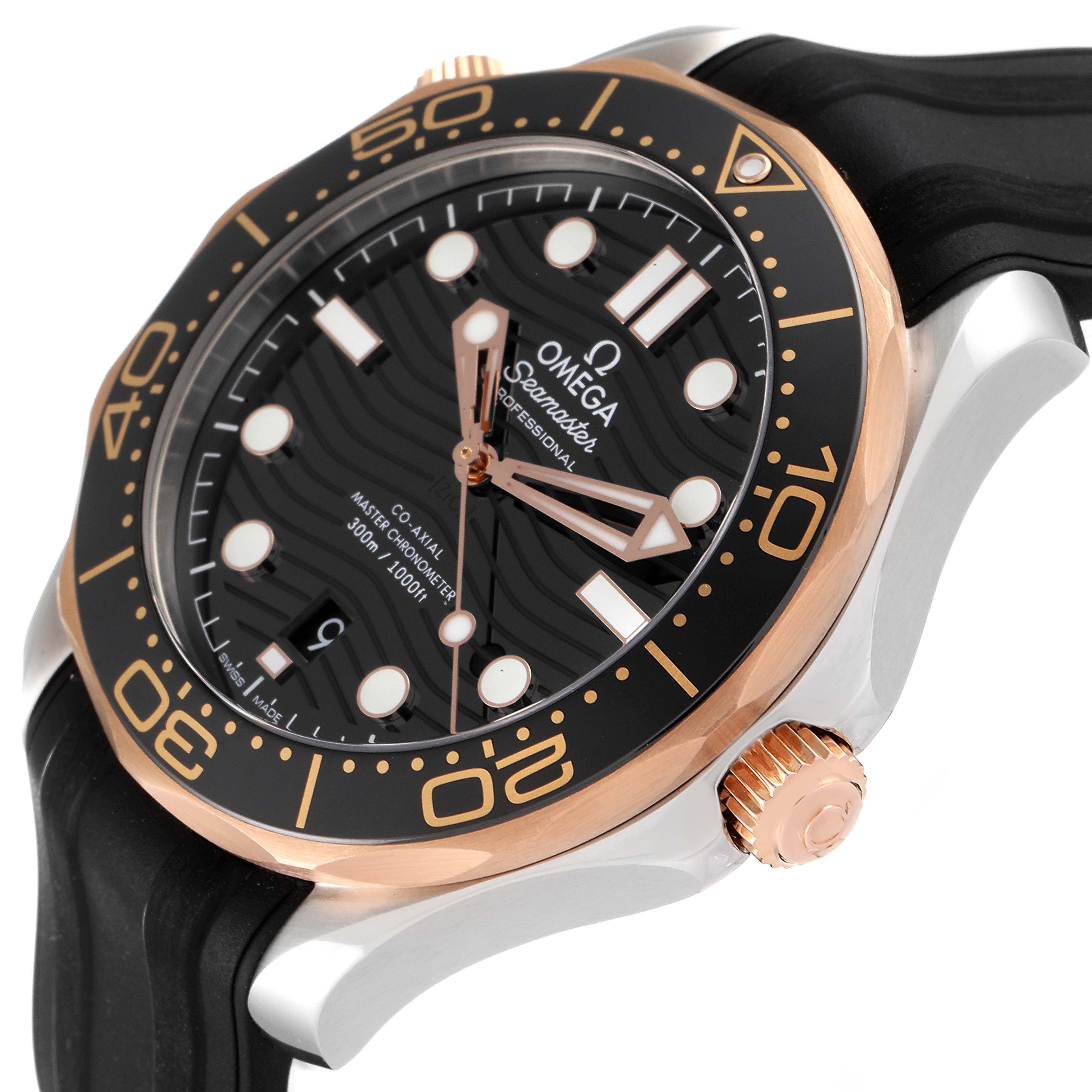 The image shows a close-up of an Omega Seamaster 210.22.42.20.01.002 Men's Steel and Gold (two tone) Black Dial 210.22.42.20.01.002 Men's Steel and Gold (two tone) Black Dial watch, highlighting its bezel, dial, crown, and strap from an angled side view.