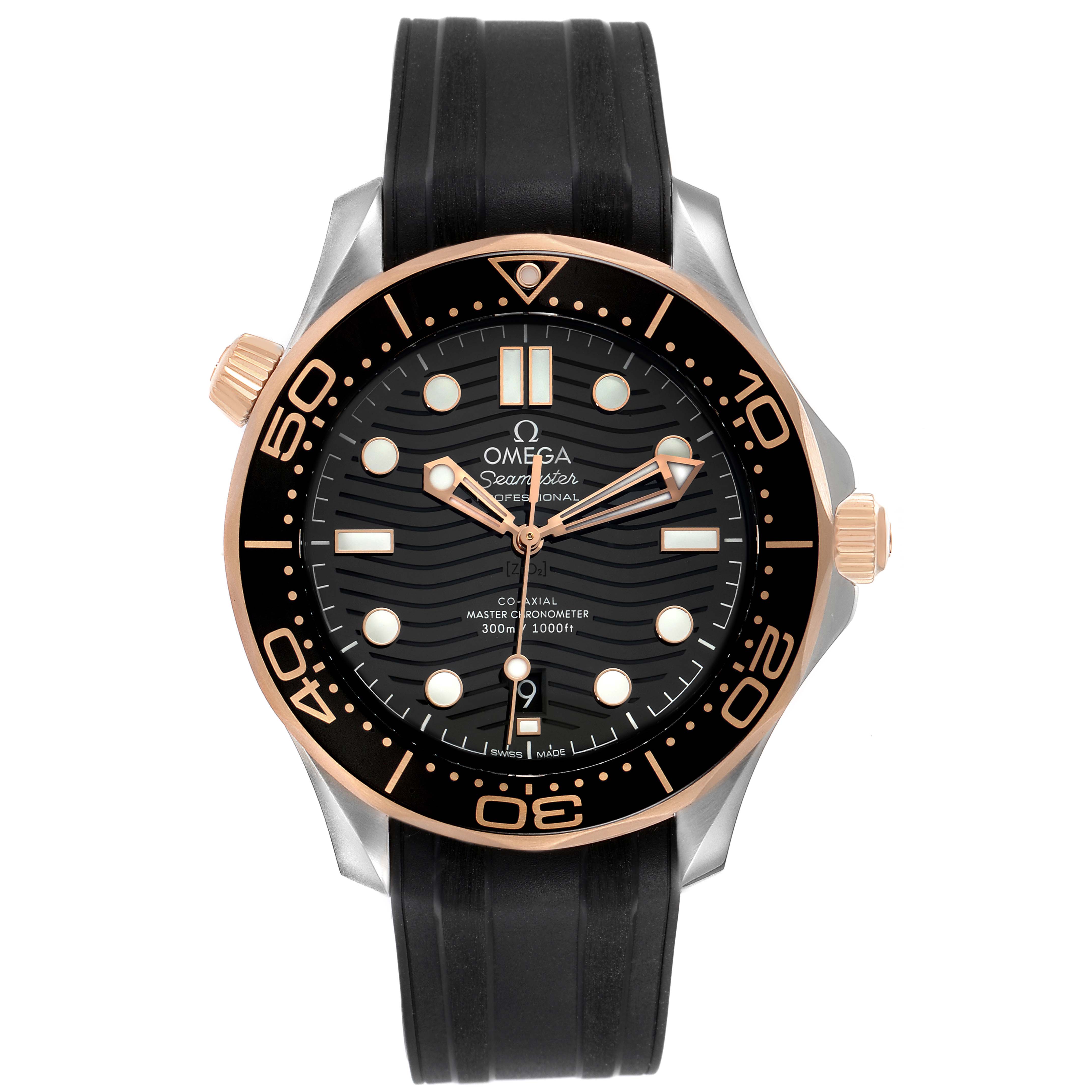 The Omega Seamaster 210.22.42.20.01.002 Men's Steel and Gold (two tone) Black Dial 210.22.42.20.01.002 Men's Steel and Gold (two tone) Black Dial watch is shown from the front, highlighting its bezel, dial, hands, and rubber strap.