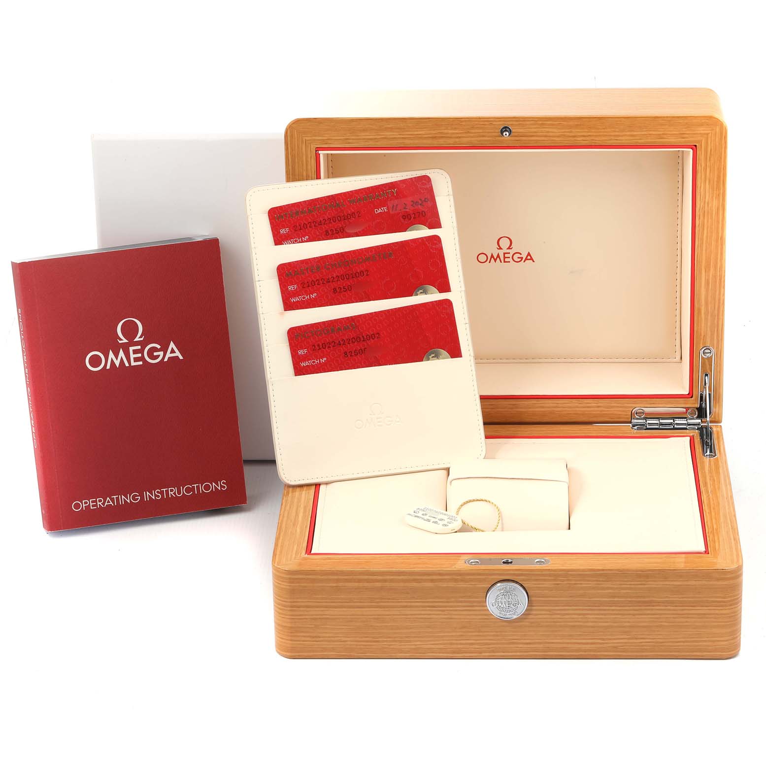 This image shows the open box of an Omega Seamaster 210.22.42.20.01.002 Men's Steel and Gold (two tone) Black Dial 210.22.42.20.01.002 Men's Steel and Gold (two tone) Black Dial watch, with an instruction booklet and cards for authenticity and warranty.