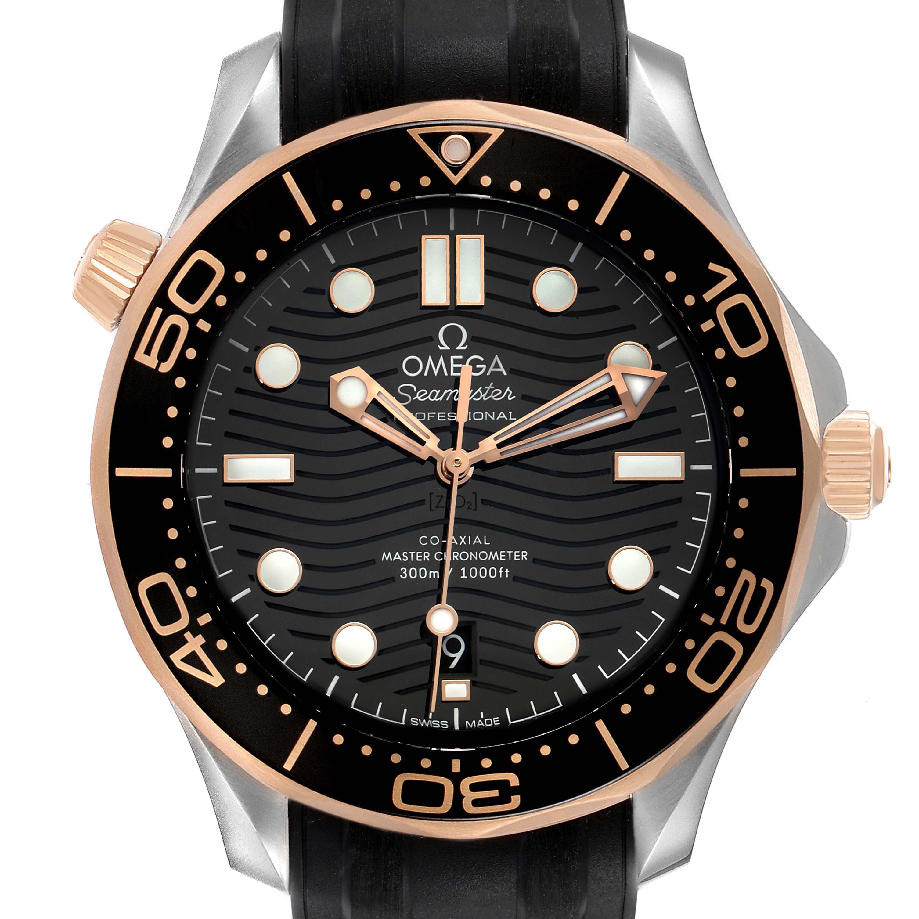 The image shows a front view of the Omega Seamaster 210.22.42.20.01.002 Men's Steel and Gold (two tone) Black Dial 210.22.42.20.01.002 Men's Steel and Gold (two tone) Black Dial model, highlighting the dial, bezel, and crown.