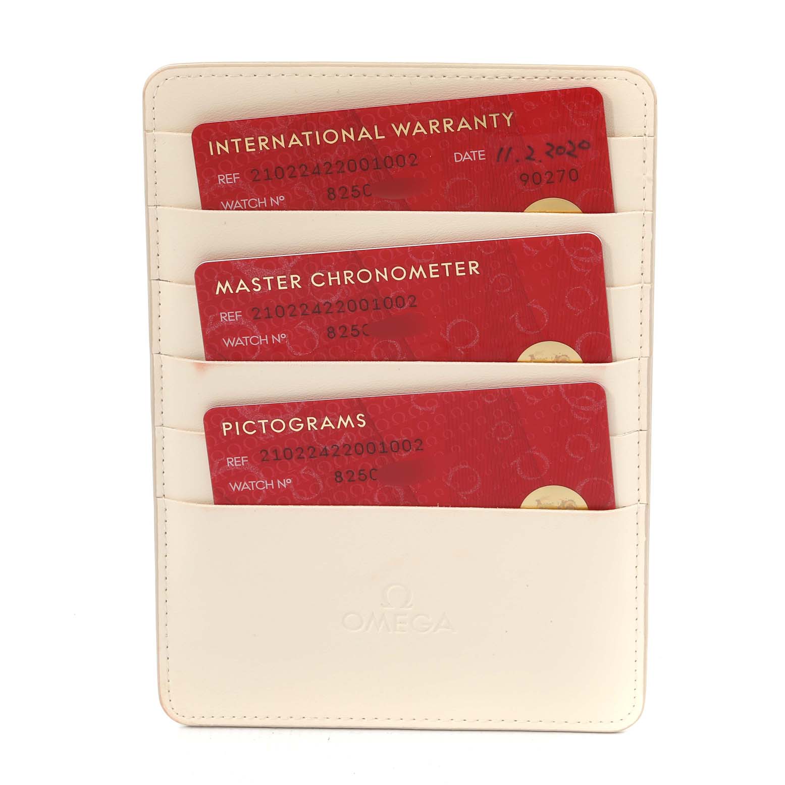 The image shows the warranty and information cards for an Omega Seamaster 210.22.42.20.01.002 Men's Steel and Gold (two tone) Black Dial 210.22.42.20.01.002 Men's Steel and Gold (two tone) Black Dial model, presented in a cream-colored card holder.