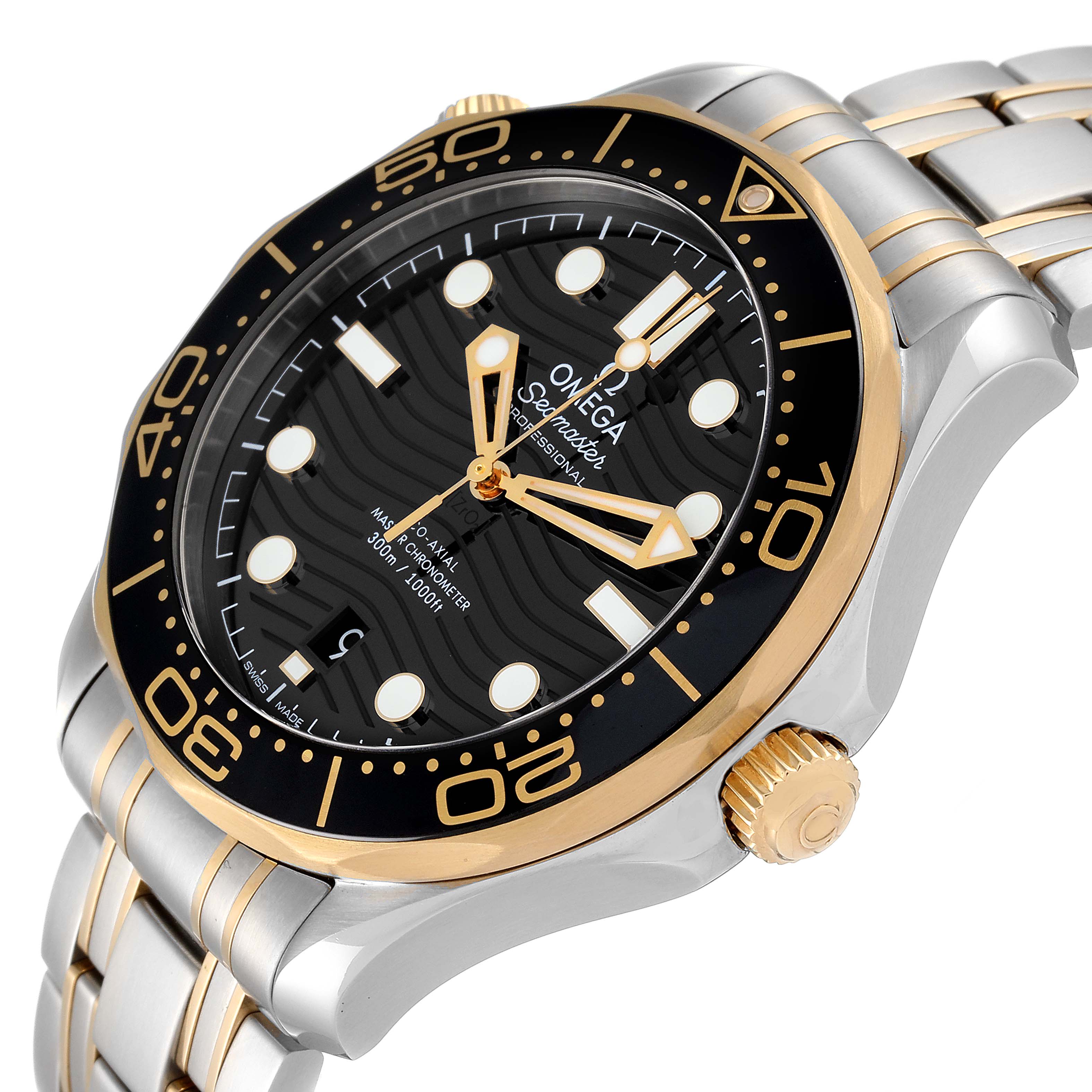 The image shows a close-up angled view of an Omega Seamaster 210.20.42.20.01.002 Men's Steel and Gold (two tone) Black Dial 210.20.42.20.01.002 Men's Steel and Gold (two tone) Black Dial watch, highlighting its bezel, dial, crown, and part of the bracelet.