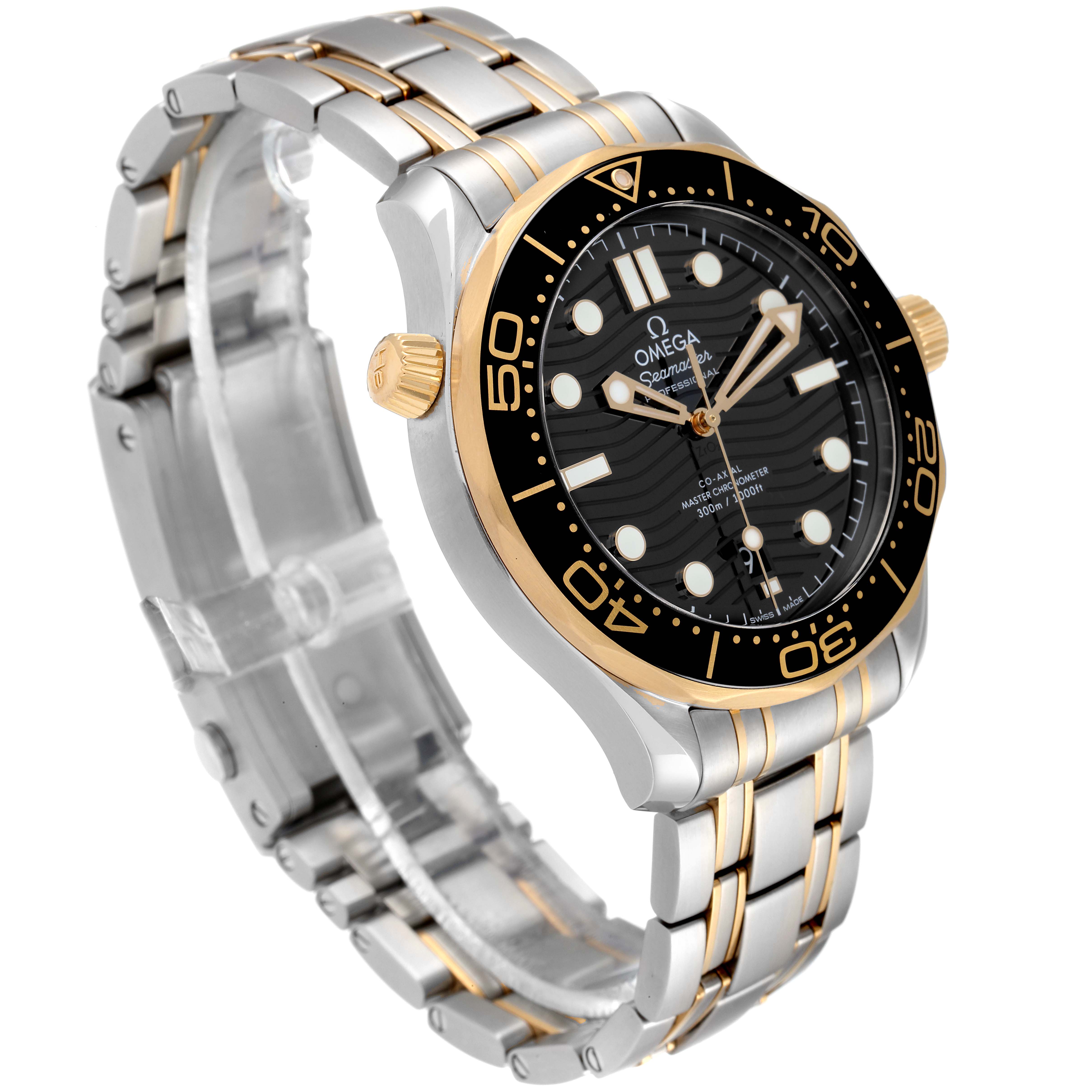 This Omega Seamaster 210.20.42.20.01.002 Men's Steel and Gold (two tone) Black Dial 210.20.42.20.01.002 Men's Steel and Gold (two tone) Black Dial watch is shown in a three-quarter view, displaying the bezel, face, crown, and bracelet.