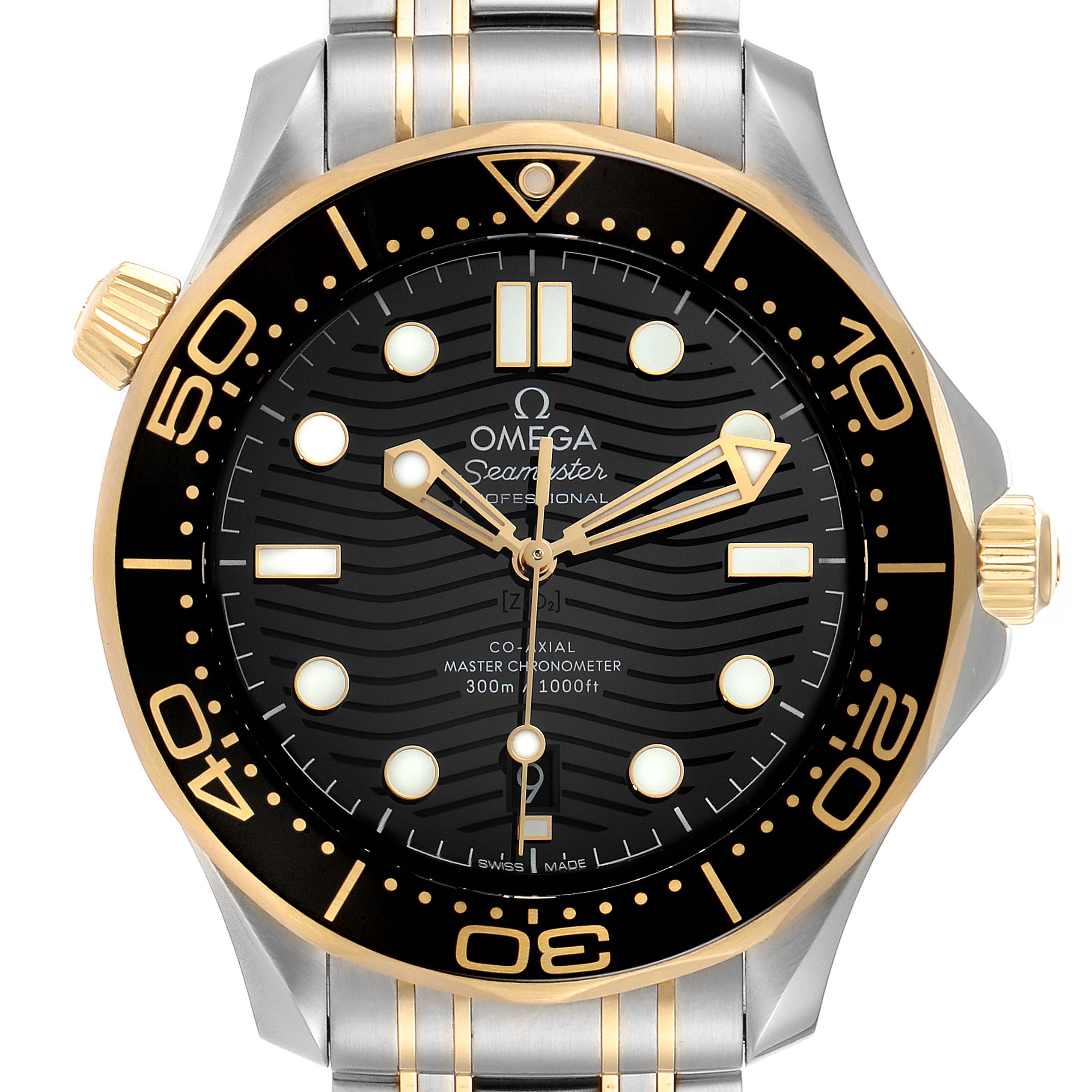 The image shows a front view of the Omega Seamaster 210.20.42.20.01.002 Men's Steel and Gold (two tone) Black Dial 210.20.42.20.01.002 Men's Steel and Gold (two tone) Black Dial watch, highlighting the face, bezel, hands, and part of the bracelet.