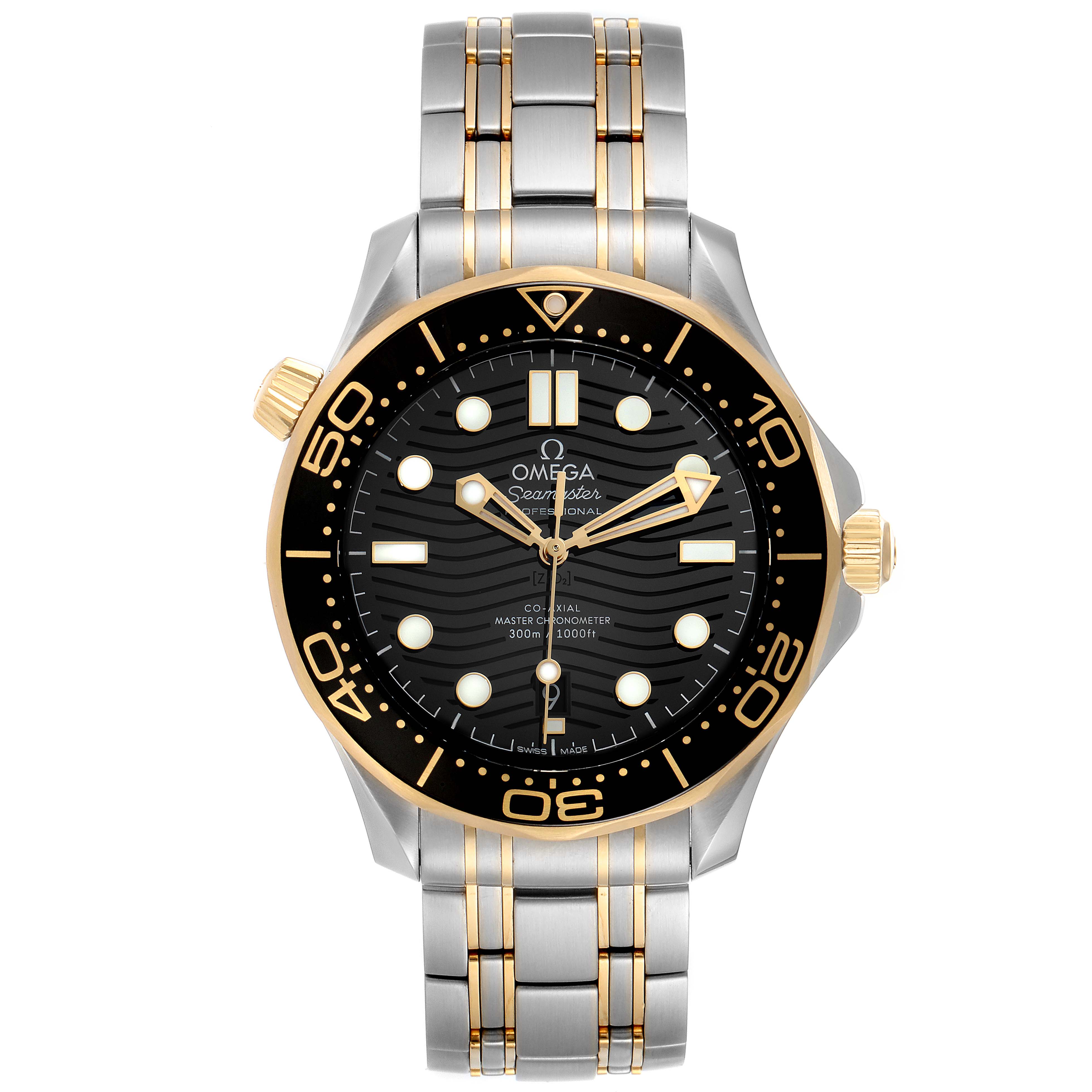 The Omega Seamaster 210.20.42.20.01.002 Men's Steel and Gold (two tone) Black Dial 210.20.42.20.01.002 Men's Steel and Gold (two tone) Black Dial watch is shown from the front, highlighting the face, bezel, and part of the bracelet.