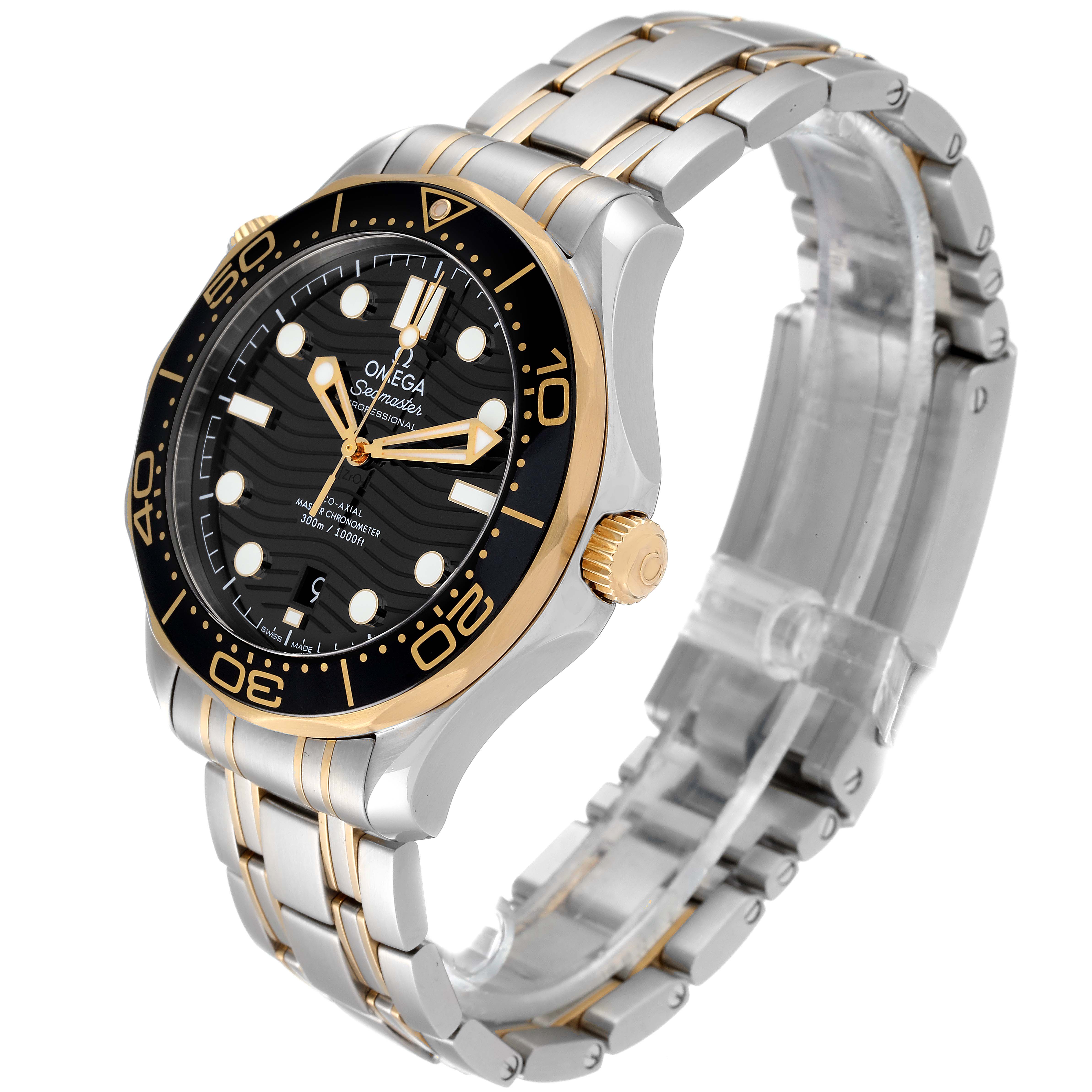 The Omega Seamaster 210.20.42.20.01.002 Men's Steel and Gold (two tone) Black Dial 210.20.42.20.01.002 Men's Steel and Gold (two tone) Black Dial watch is shown at an angle highlighting the face, bezel, crown, and part of the bracelet.
