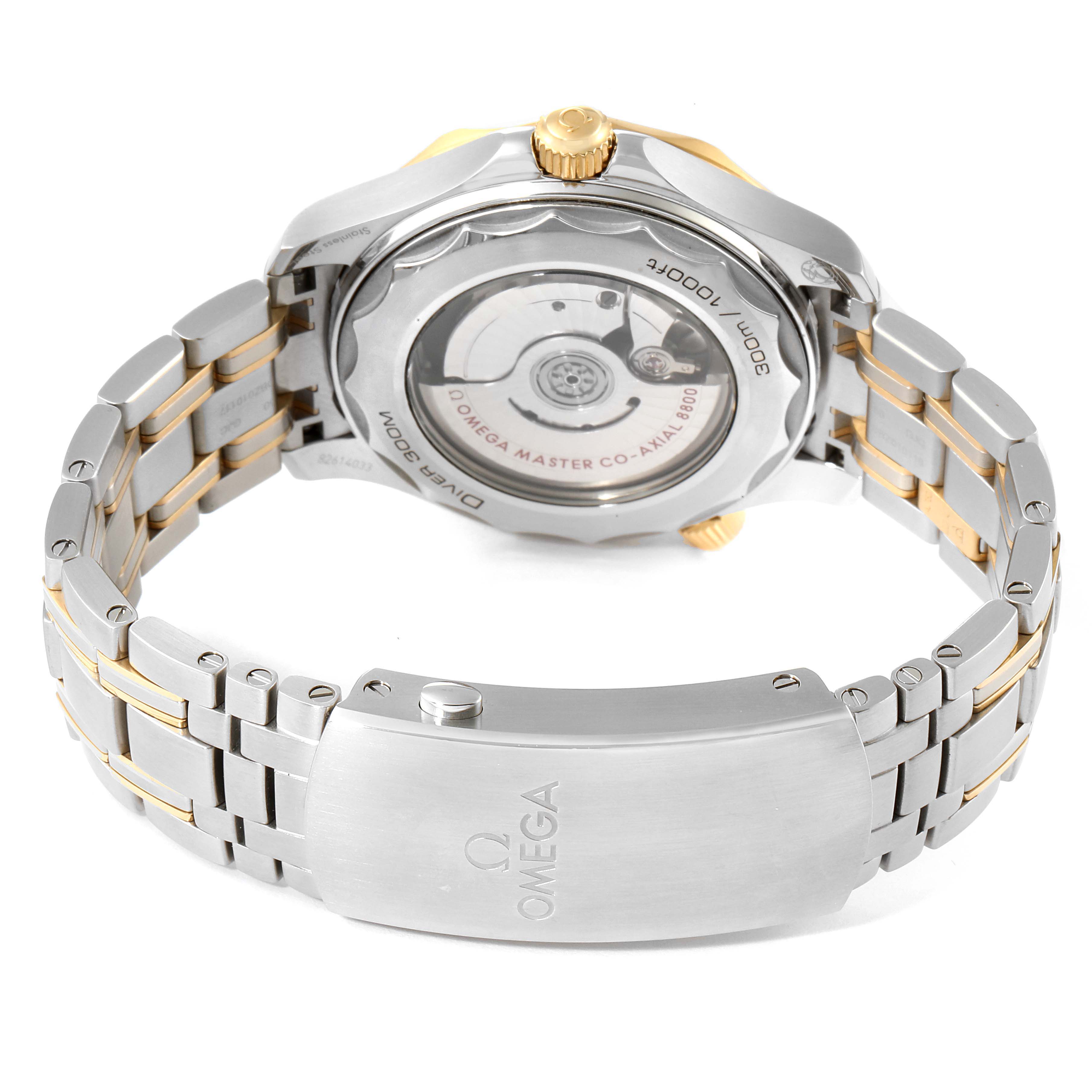 The image shows the back view of the Omega Seamaster 210.20.42.20.01.002 Men's Steel and Gold (two tone) Black Dial 210.20.42.20.01.002 Men's Steel and Gold (two tone) Black Dial watch, highlighting the bracelet, clasp, and transparent case back.