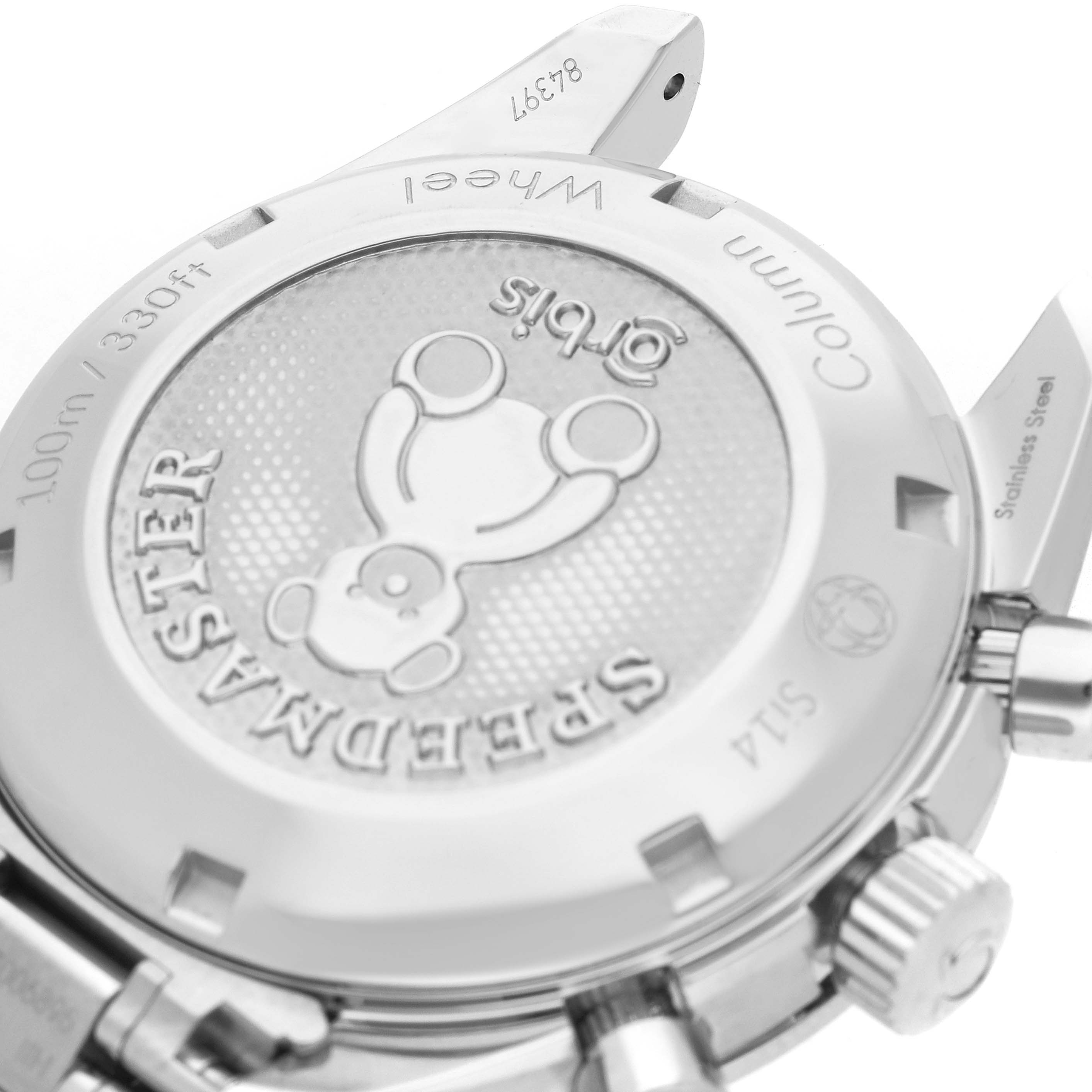 The image shows the back case of an Omega Speedmaster 324.30.38.50.03.002 Men
s Stainless Steel Blue Dial watch, featuring a bear design and several engravings.