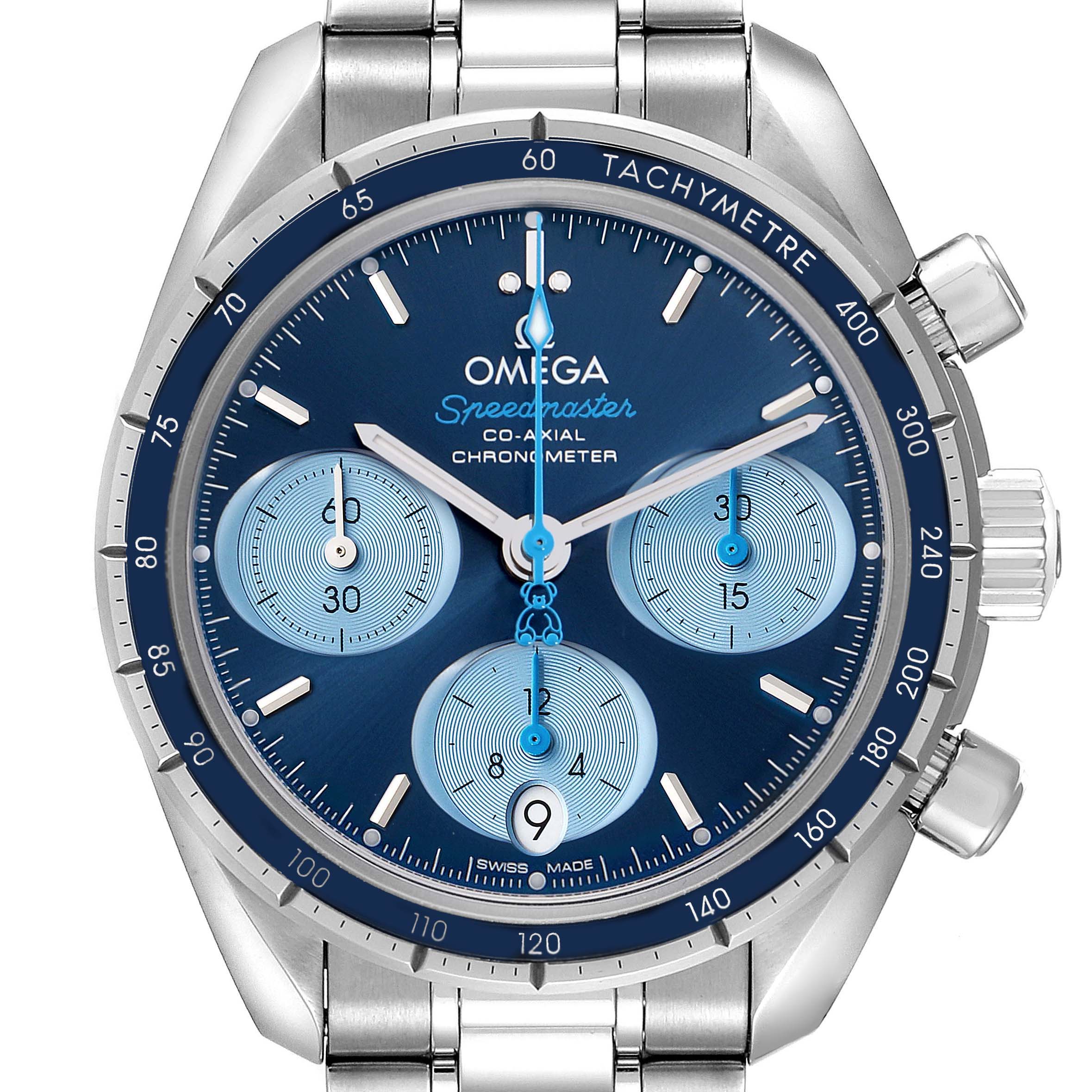 The Omega Speedmaster 324.30.38.50.03.002 Men
s Stainless Steel Blue Dial watch is shown from a frontal angle, highlighting the dial, subdials, bezel, and stainless steel bracelet.