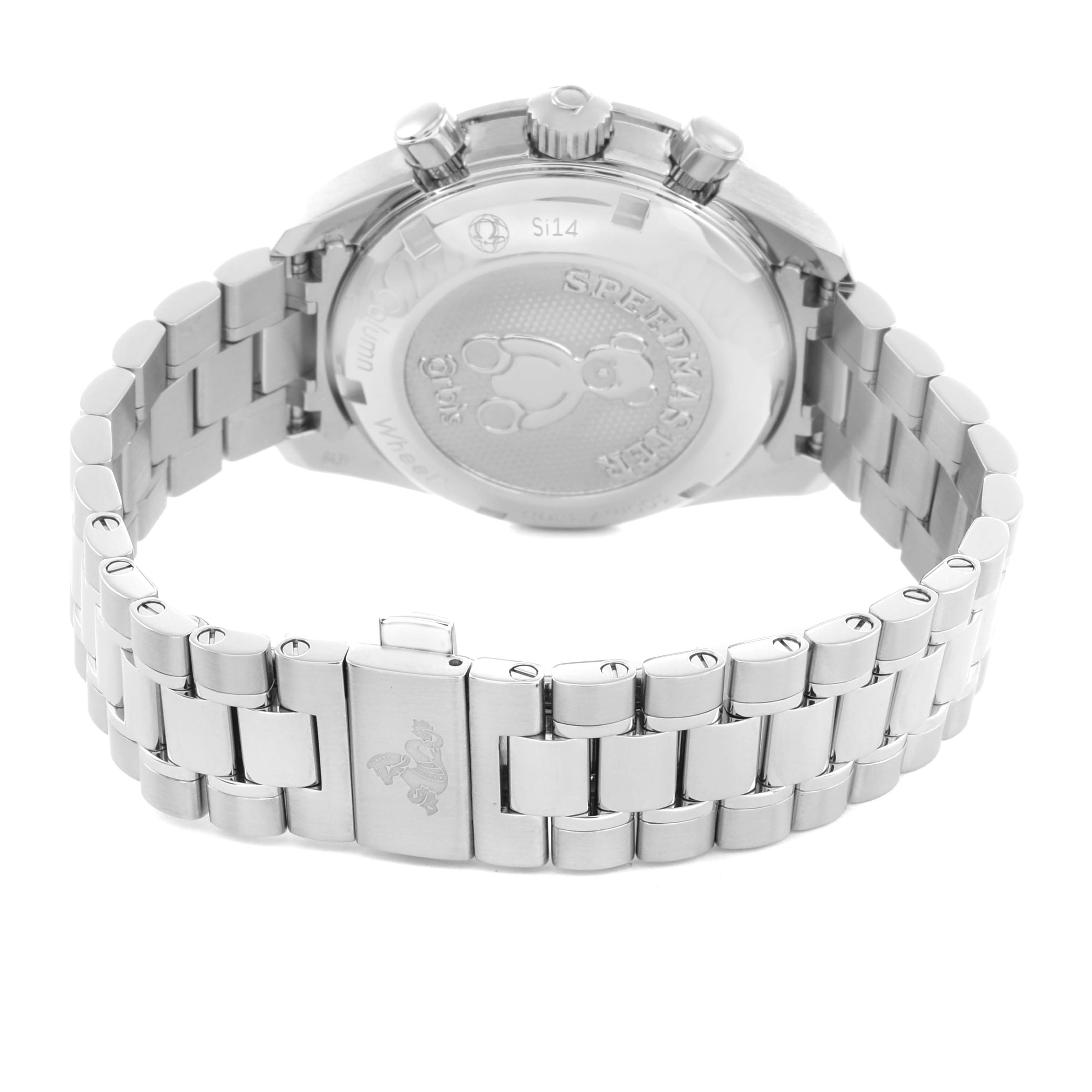 The image shows the back case and bracelet of an Omega Speedmaster 324.30.38.50.03.002 Men
s Stainless Steel Blue Dial watch, highlighting the engraved back and clasp.