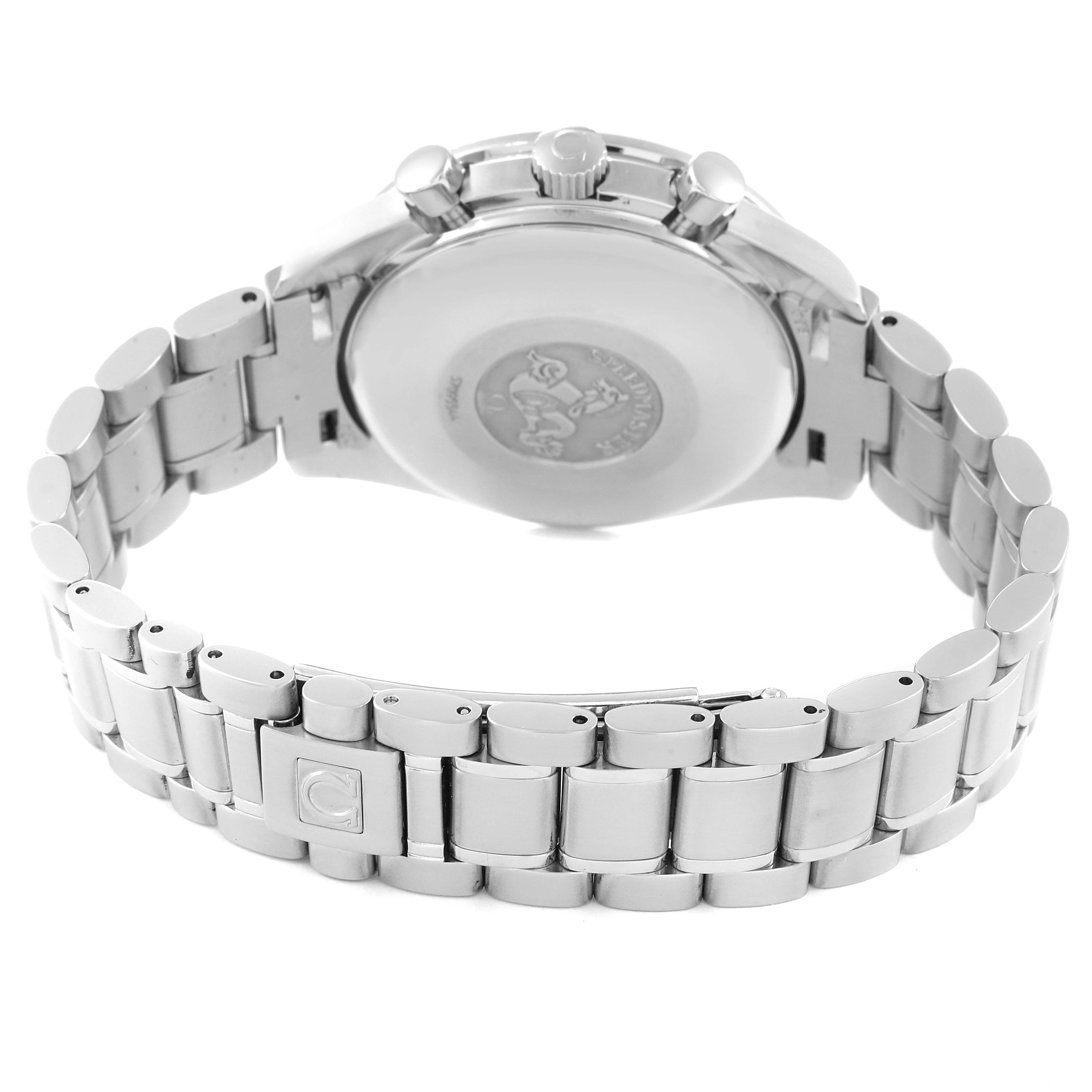 The Omega Speedmaster 3520.53.00 Men
s Stainless Steel Grey Dial 3520.53.00 Men
s Stainless Steel Grey Dial watch is shown from a rear angle, highlighting its back case and metal bracelet.