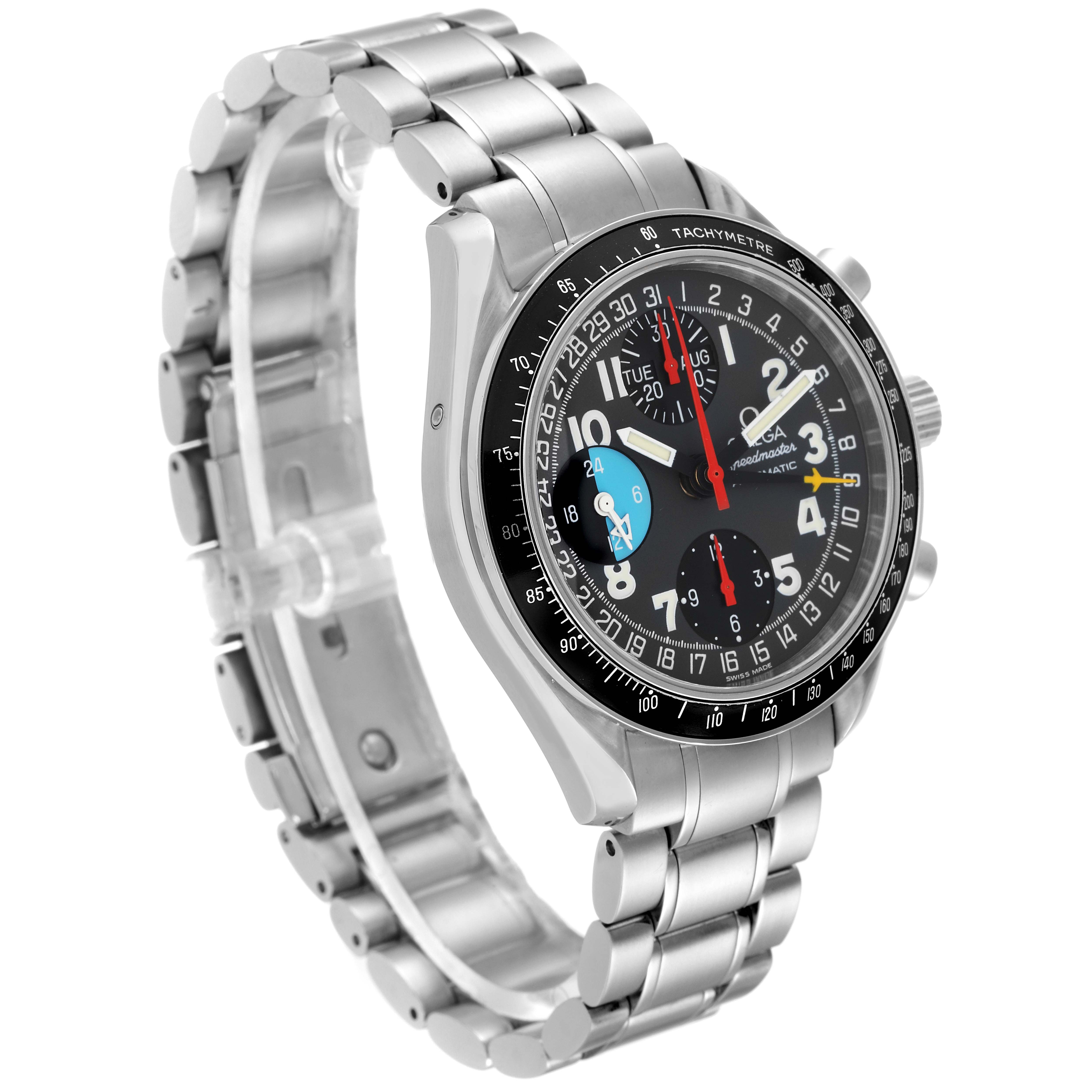 The image shows an Omega Speedmaster 3520.53.00 Men
s Stainless Steel Grey Dial 3520.53.00 Men
s Stainless Steel Grey Dial watch from a front-right angle, highlighting its stainless steel bracelet and detailed dial.