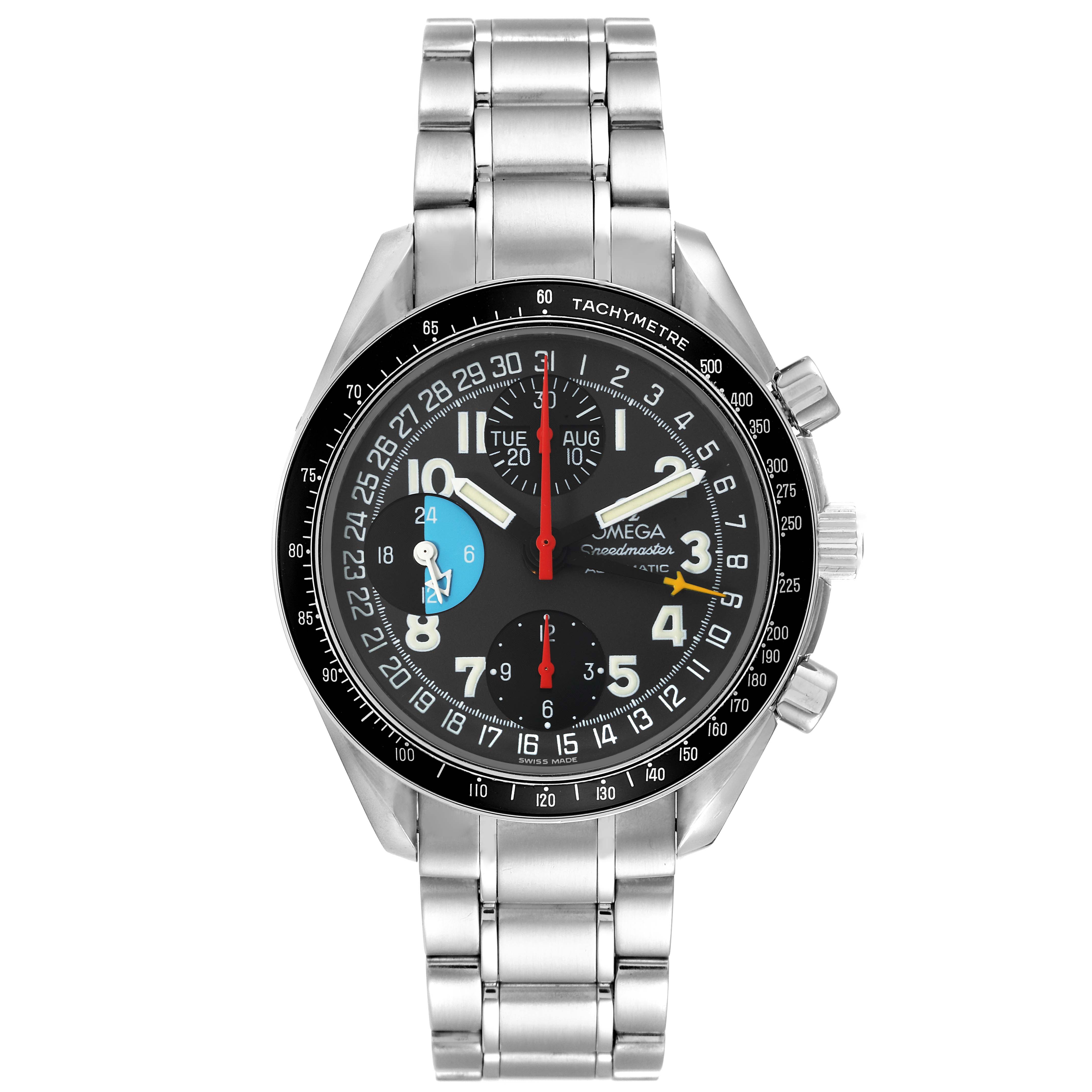 This image shows a front view of an Omega Speedmaster 3520.53.00 Men
s Stainless Steel Grey Dial 3520.53.00 Men
s Stainless Steel Grey Dial watch with its dial, crown, pushers, and stainless steel bracelet.