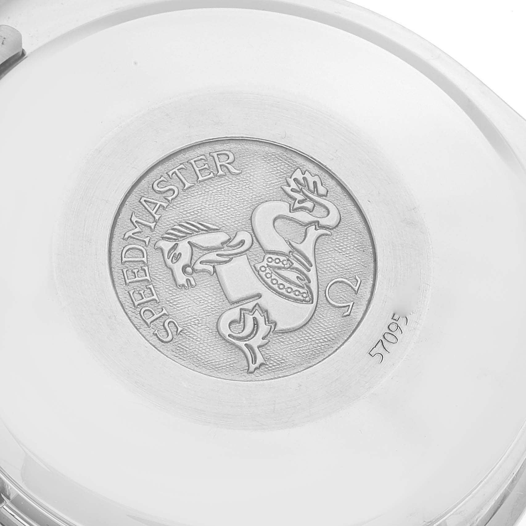 The image shows the back case of the Omega Speedmaster 3520.53.00 Men
s Stainless Steel Grey Dial 3520.53.00 Men
s Stainless Steel Grey Dial watch, featuring the engraved emblem and logo.