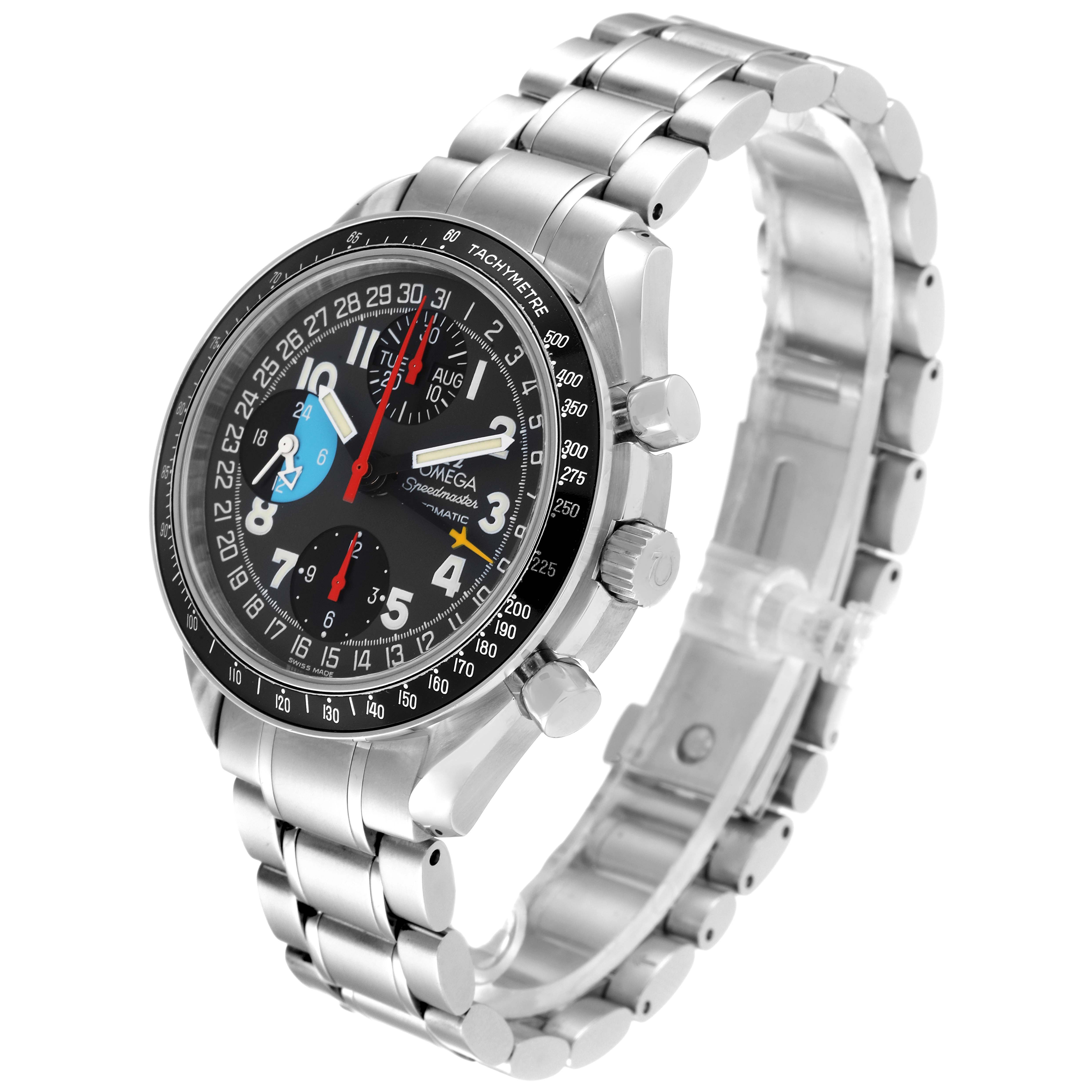 The Omega Speedmaster 3520.53.00 Men
s Stainless Steel Grey Dial 3520.53.00 Men
s Stainless Steel Grey Dial watch is shown from a three-quarter angle, displaying the face, bezel, crown, chronograph pushers, and bracelet.