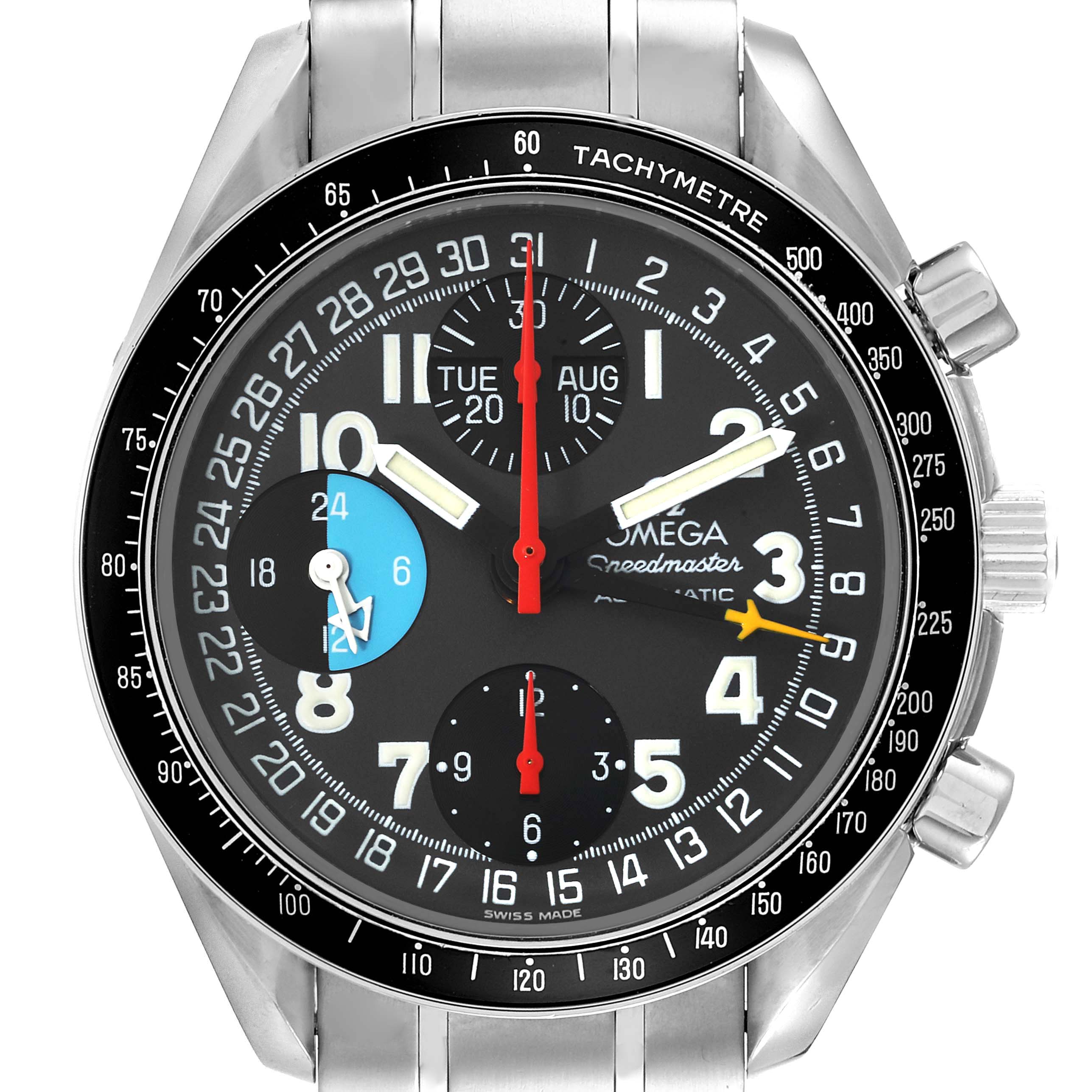 The image shows a frontal view of an Omega Speedmaster 3520.53.00 Men
s Stainless Steel Grey Dial 3520.53.00 Men
s Stainless Steel Grey Dial watch dial, highlighting its tachymeter, subdials, and date indicators.