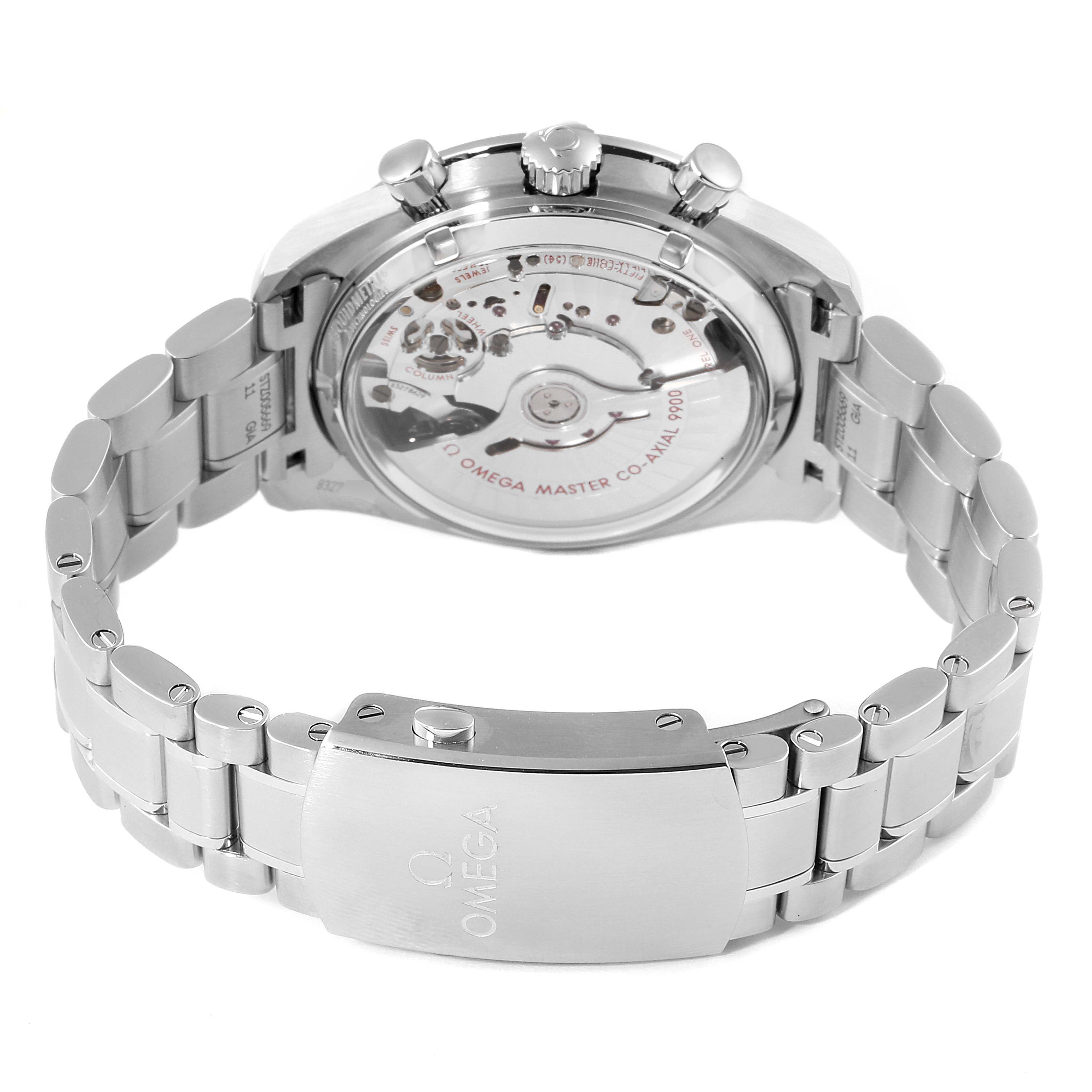 This Omega Speedmaster 329.30.44.51.01.002 Men
s Stainless Steel Black Dial 329.30.44.51.01.002 Men
s Stainless Steel Black Dial watch is shown from the rear, highlighting its transparent case back and metal bracelet.