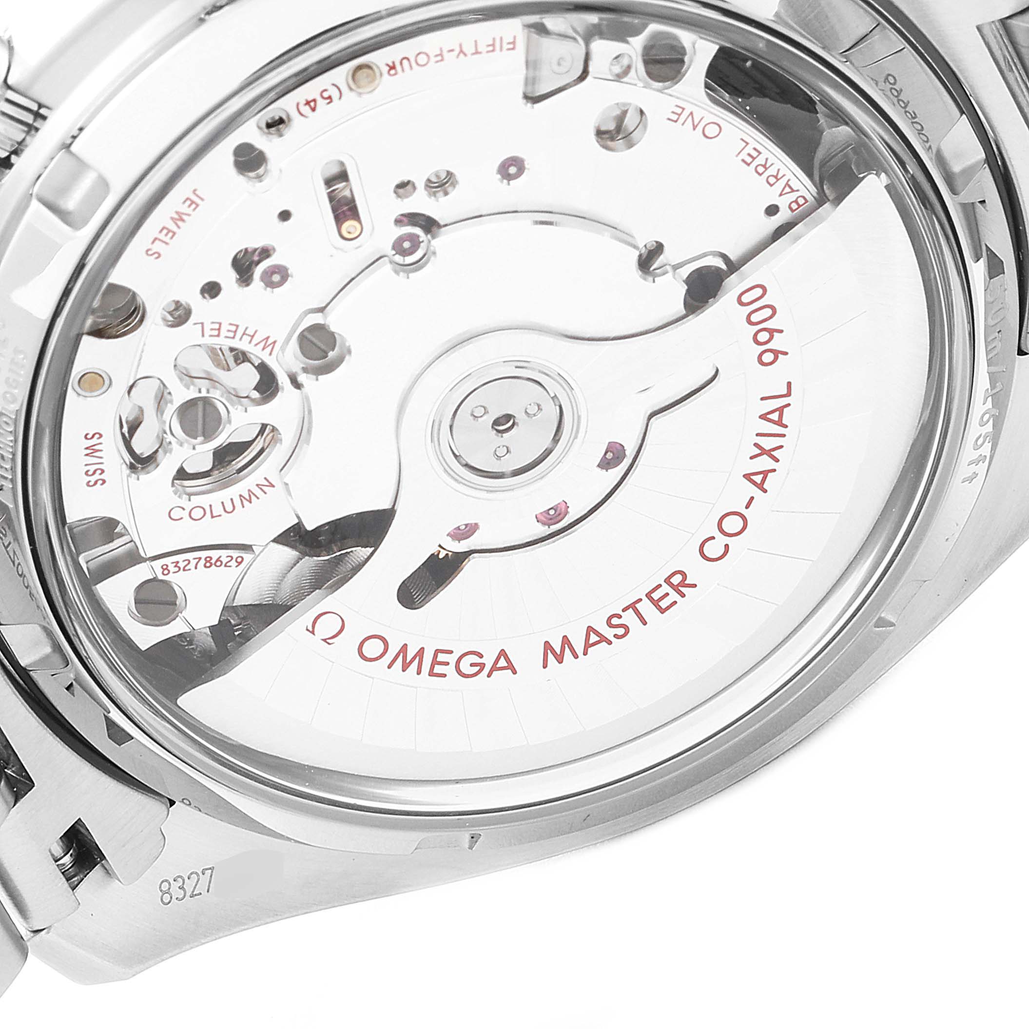 The image shows the back of an Omega Speedmaster 329.30.44.51.01.002 Men
s Stainless Steel Black Dial 329.30.44.51.01.002 Men
s Stainless Steel Black Dial watch, highlighting its intricate movement and inner mechanism.