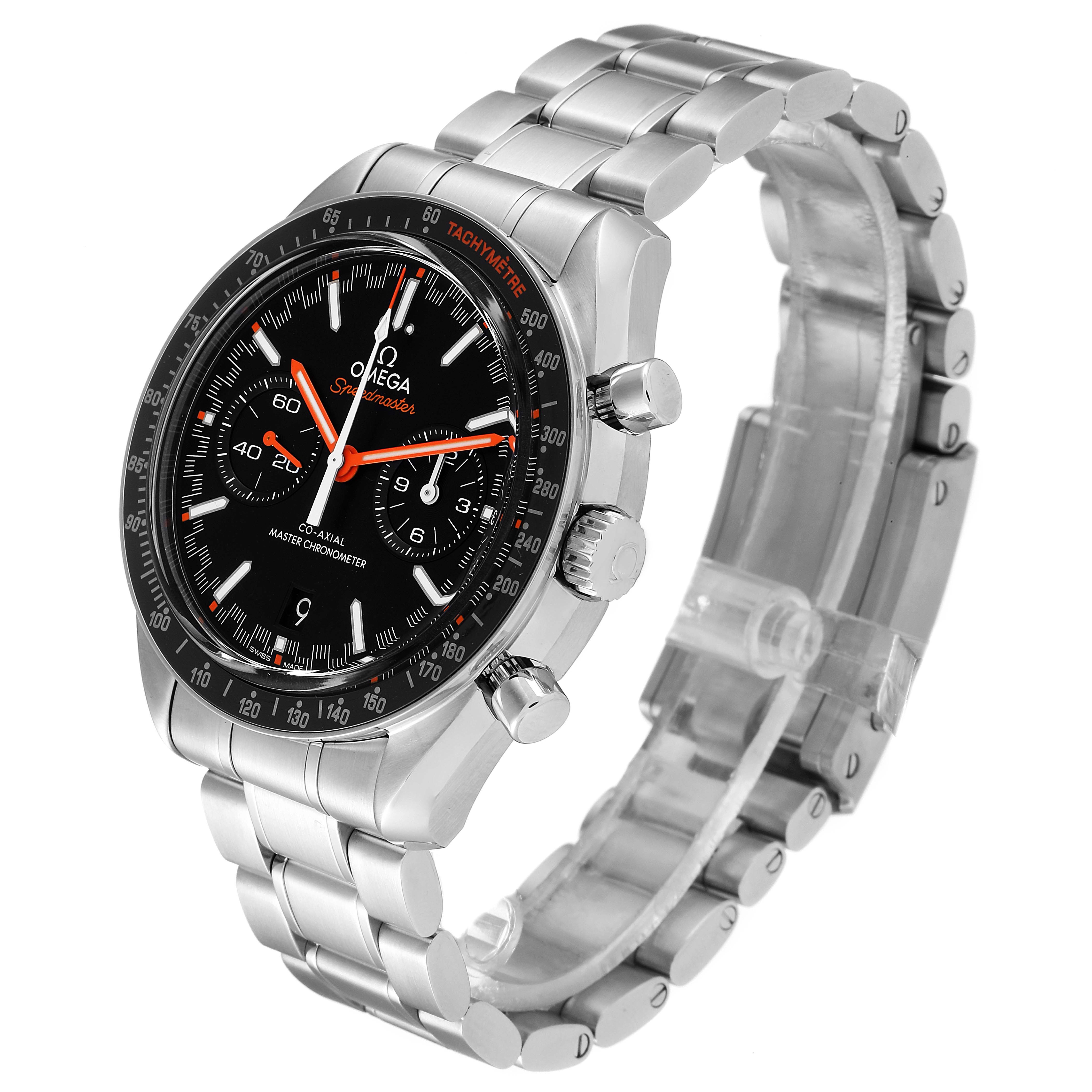 The image shows an Omega Speedmaster 329.30.44.51.01.002 Men
s Stainless Steel Black Dial 329.30.44.51.01.002 Men
s Stainless Steel Black Dial watch at a three-quarter angle, highlighting the bracelet, dial, and chronograph buttons.