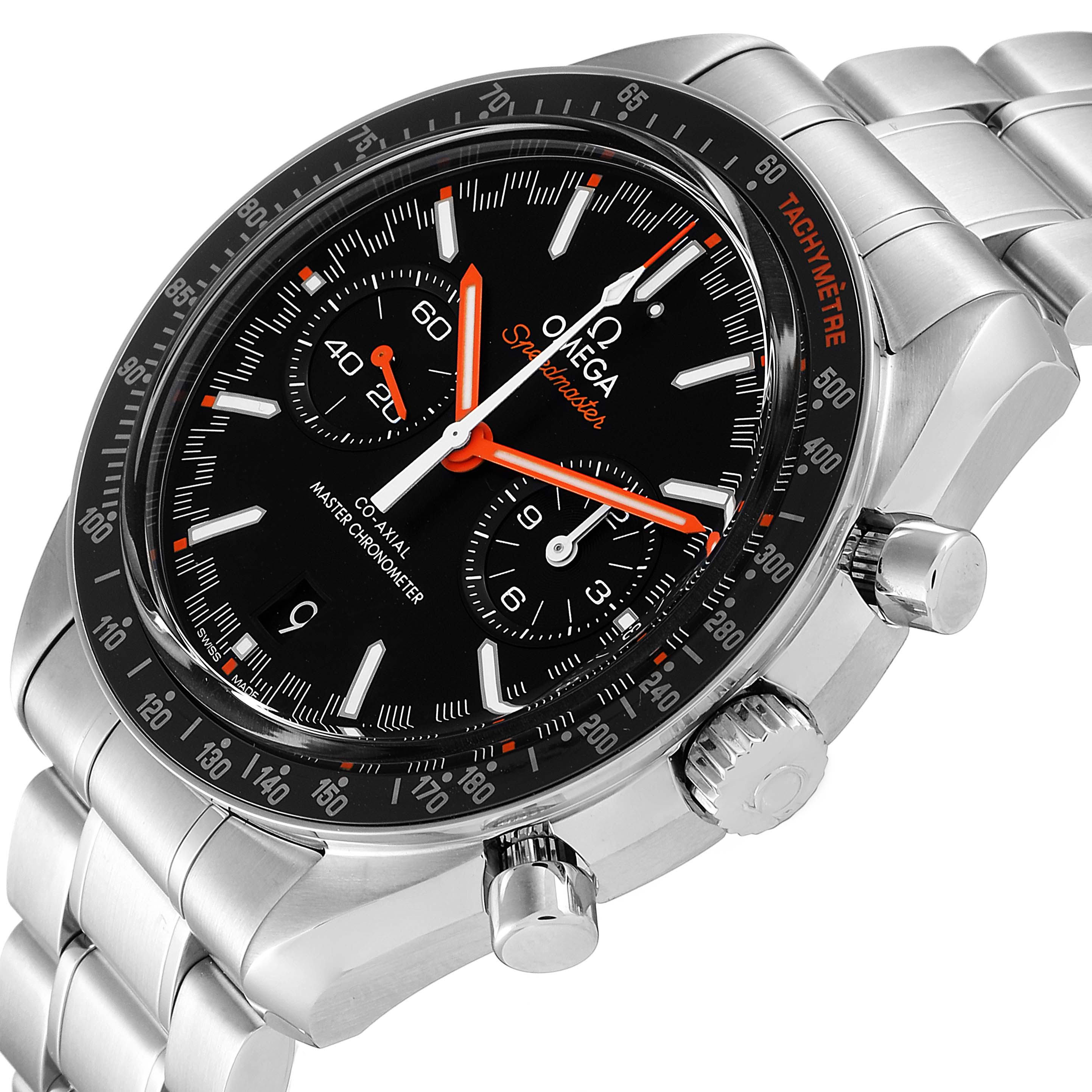 The image shows a close-up angled view of the Omega Speedmaster 329.30.44.51.01.002 Men
s Stainless Steel Black Dial 329.30.44.51.01.002 Men
s Stainless Steel Black Dial watch, highlighting its dial, tachymeter bezel, and side pushers.