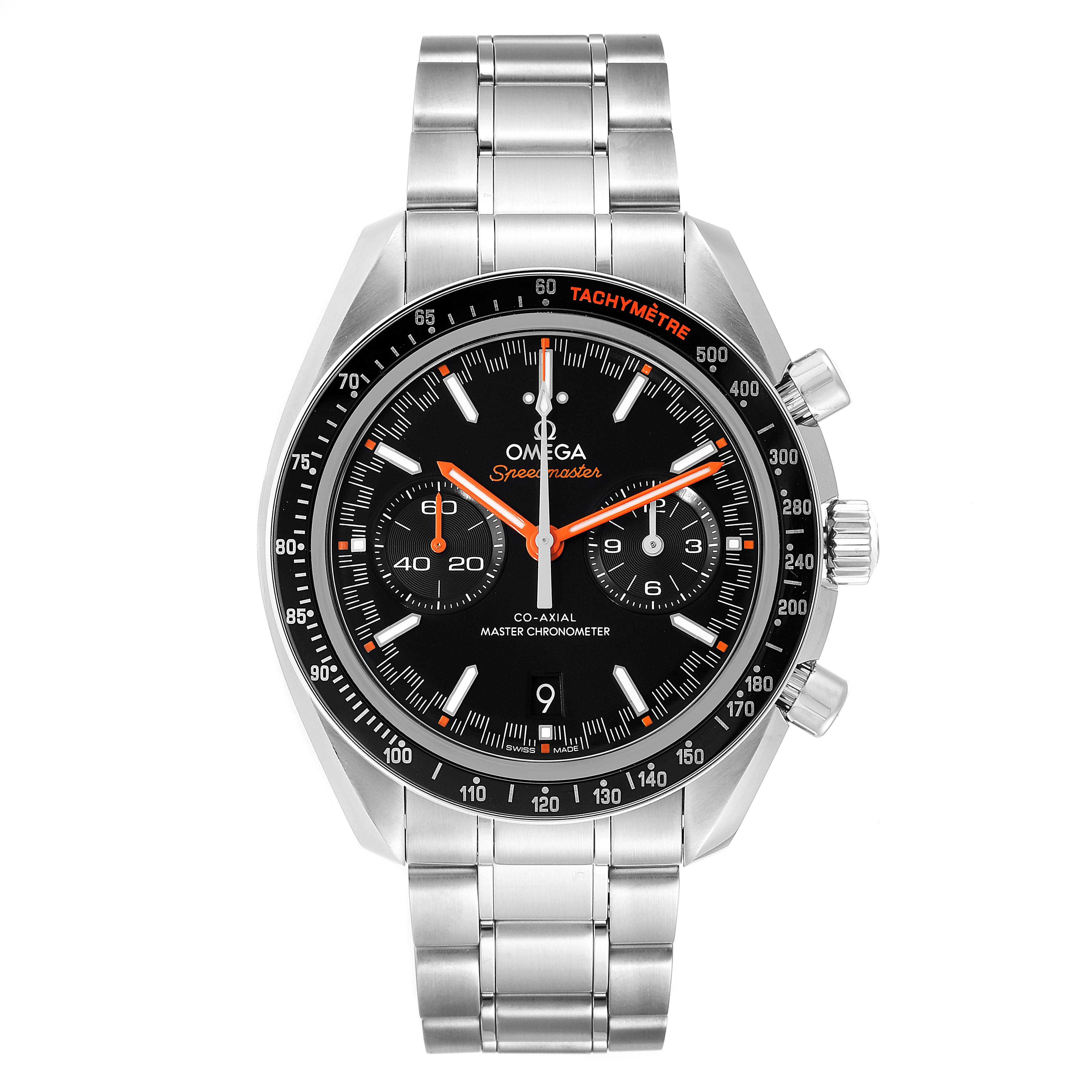 The image shows a front view of an Omega Speedmaster 329.30.44.51.01.002 Men
s Stainless Steel Black Dial 329.30.44.51.01.002 Men
s Stainless Steel Black Dial watch, featuring a stainless steel bracelet and a black dial with chronograph subdials.