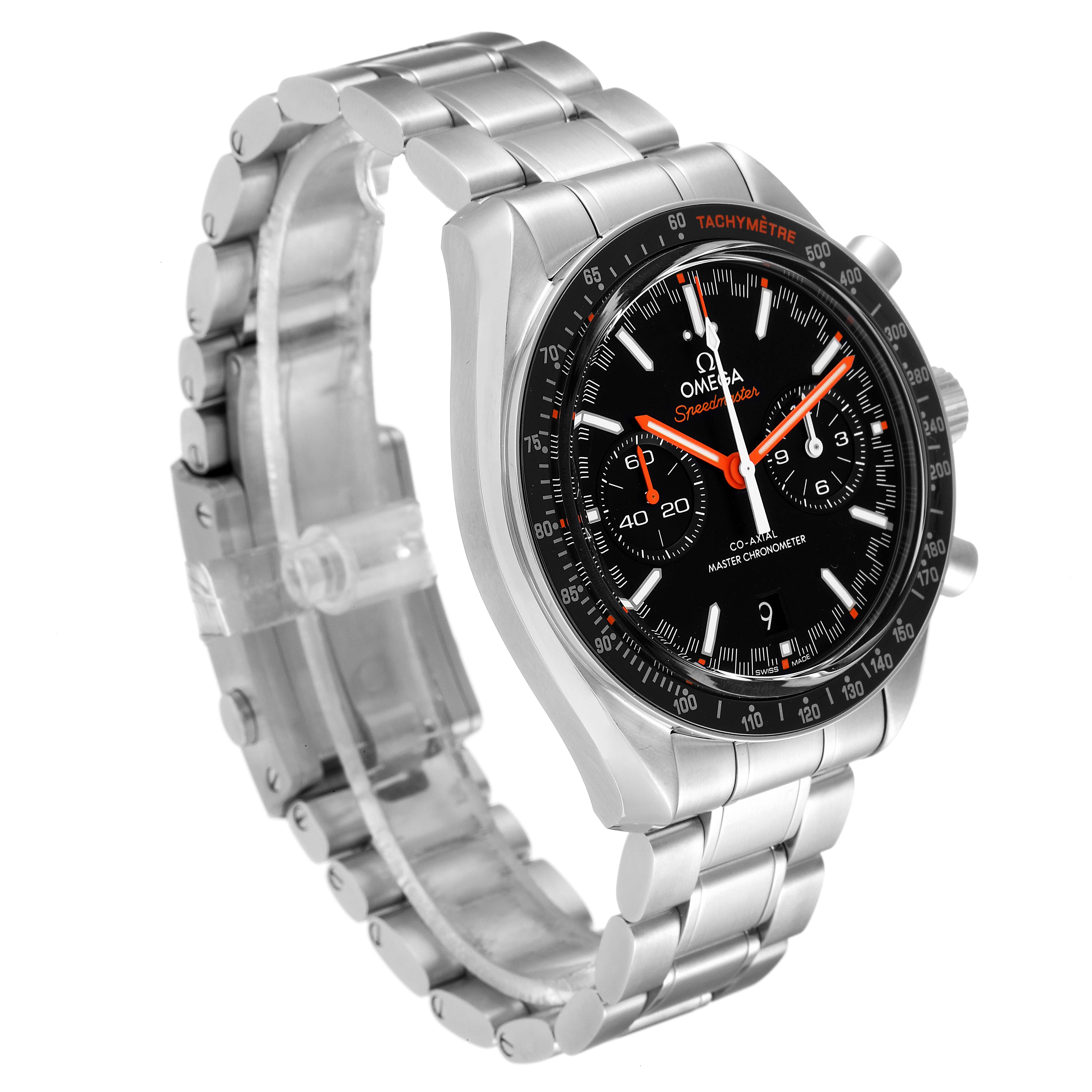 The Omega Speedmaster 329.30.44.51.01.002 Men
s Stainless Steel Black Dial 329.30.44.51.01.002 Men
s Stainless Steel Black Dial watch is shown from a side angle, displaying its face, bezel, buttons, and metal bracelet.