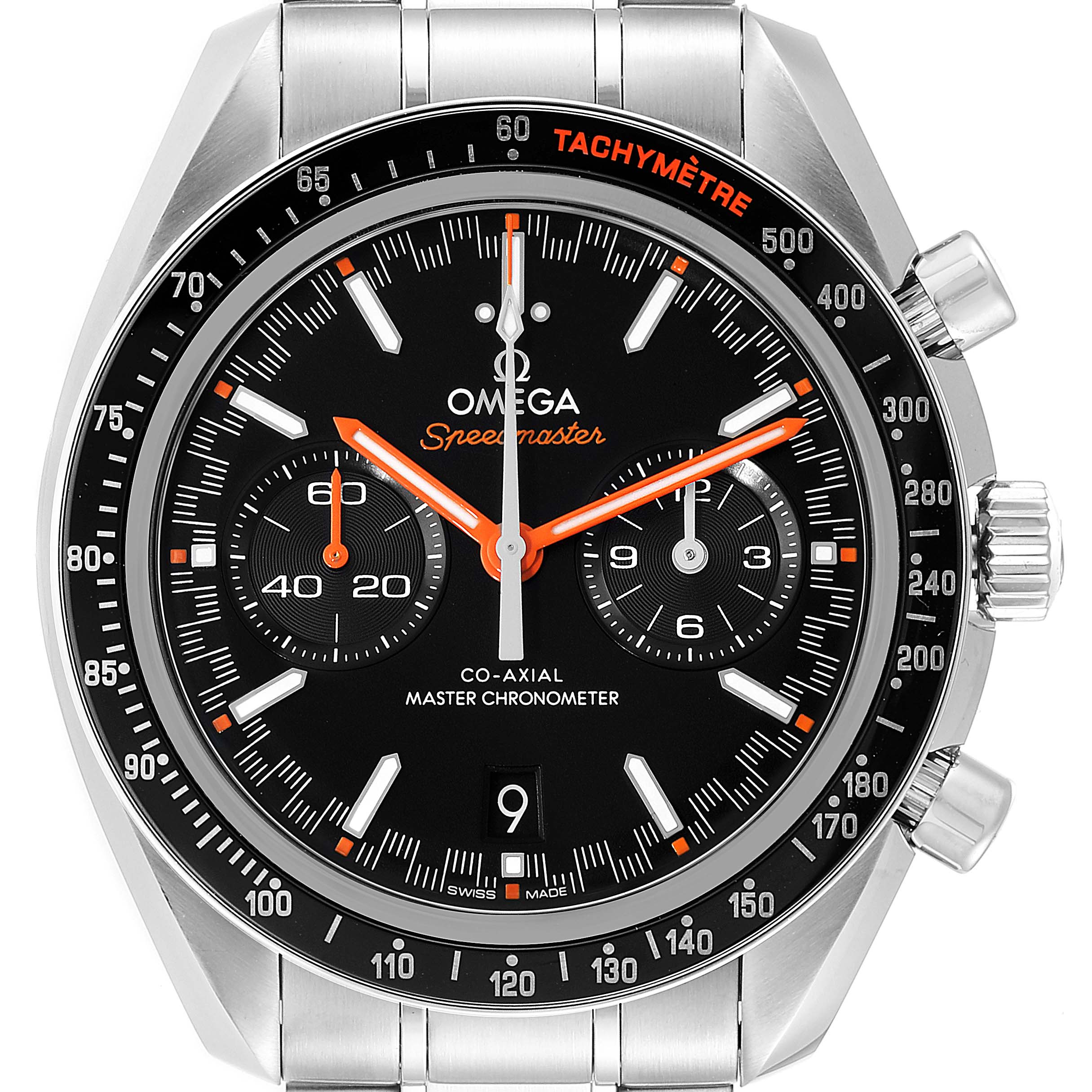 This image shows the face of the Omega Speedmaster 329.30.44.51.01.002 Men
s Stainless Steel Black Dial 329.30.44.51.01.002 Men
s Stainless Steel Black Dial watch at a front angle, highlighting its dial, bezel, and subdials.
