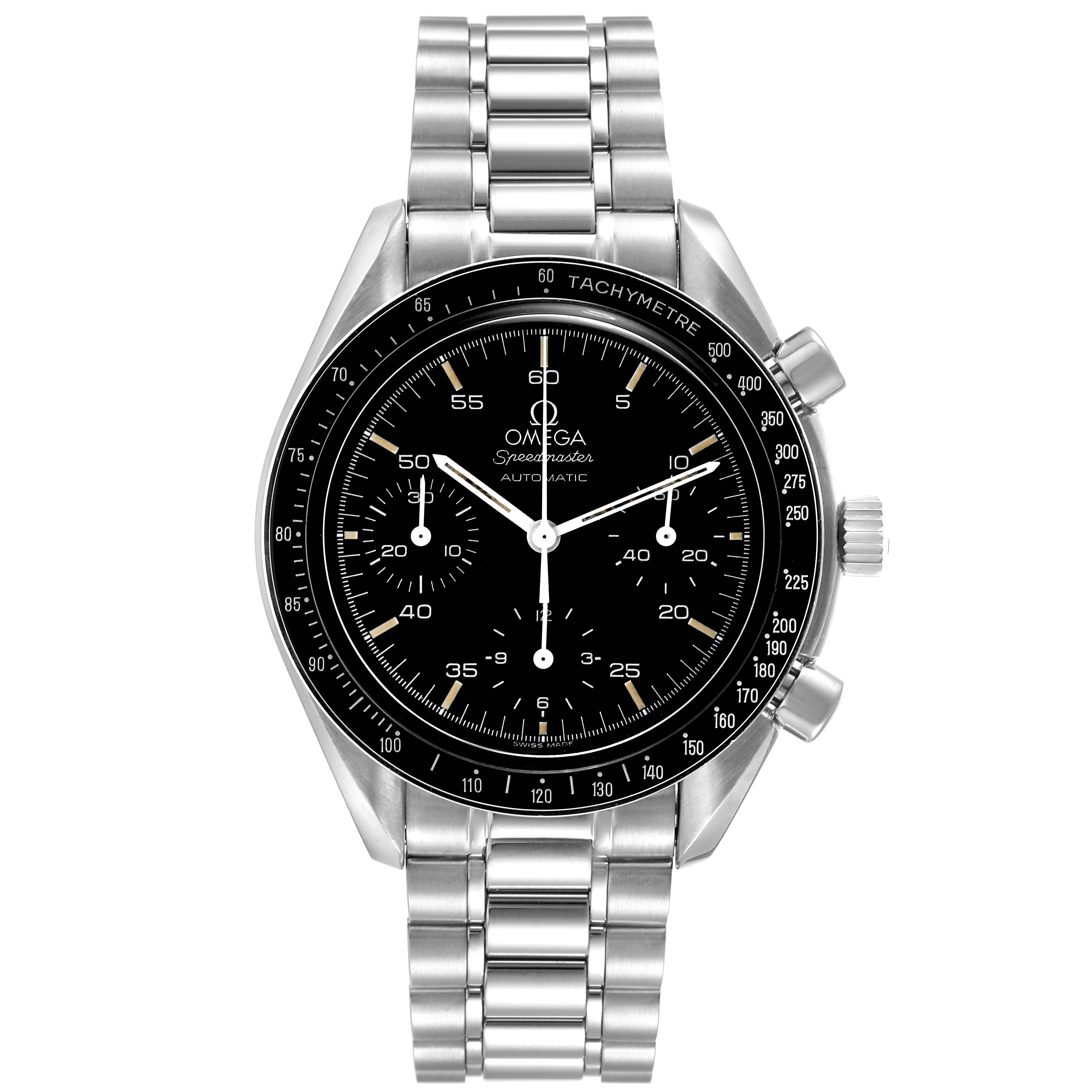 The Omega Speedmaster 3510.50.00 Men
s Stainless Steel Black Dial 3510.50.00 Men
s Stainless Steel Black Dial model watch is shown from the front, displaying the dial, bezel, and stainless steel bracelet.