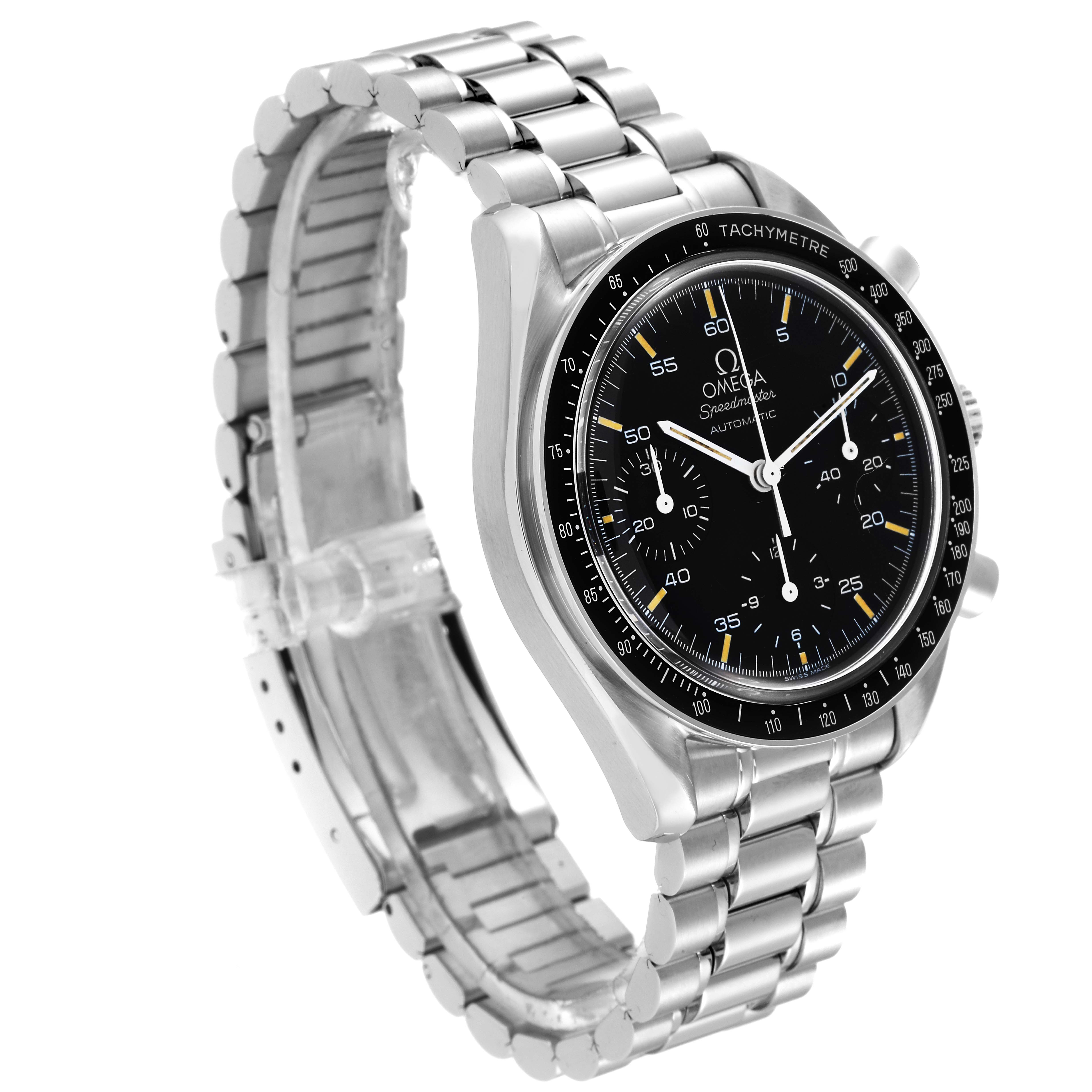 The image shows an angled view of the Omega Speedmaster 3510.50.00 Men
s Stainless Steel Black Dial 3510.50.00 Men
s Stainless Steel Black Dial watch, highlighting its face and stainless steel bracelet.