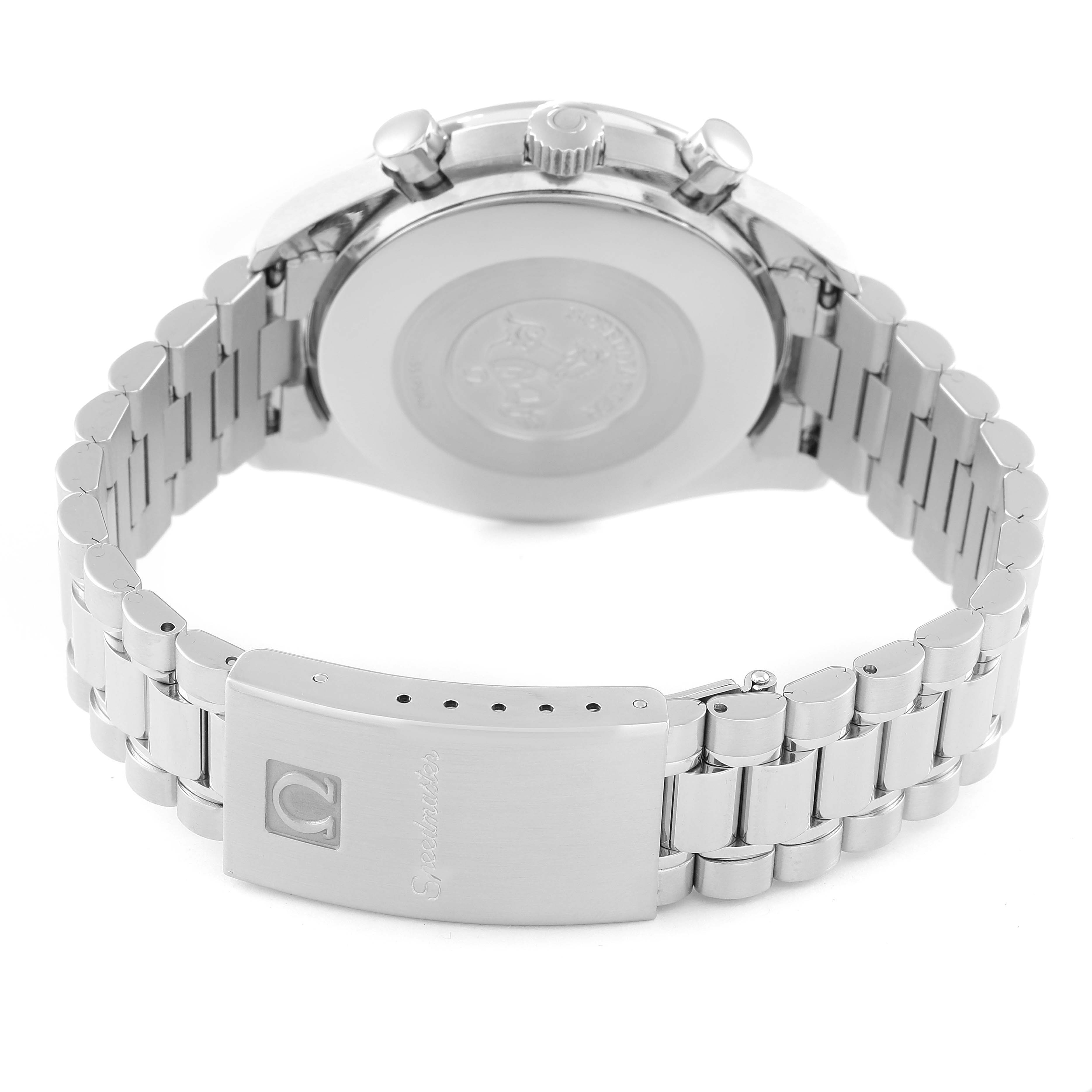 The image shows the back case and metal bracelet of an Omega Speedmaster 3510.50.00 Men
s Stainless Steel Black Dial 3510.50.00 Men
s Stainless Steel Black Dial watch.