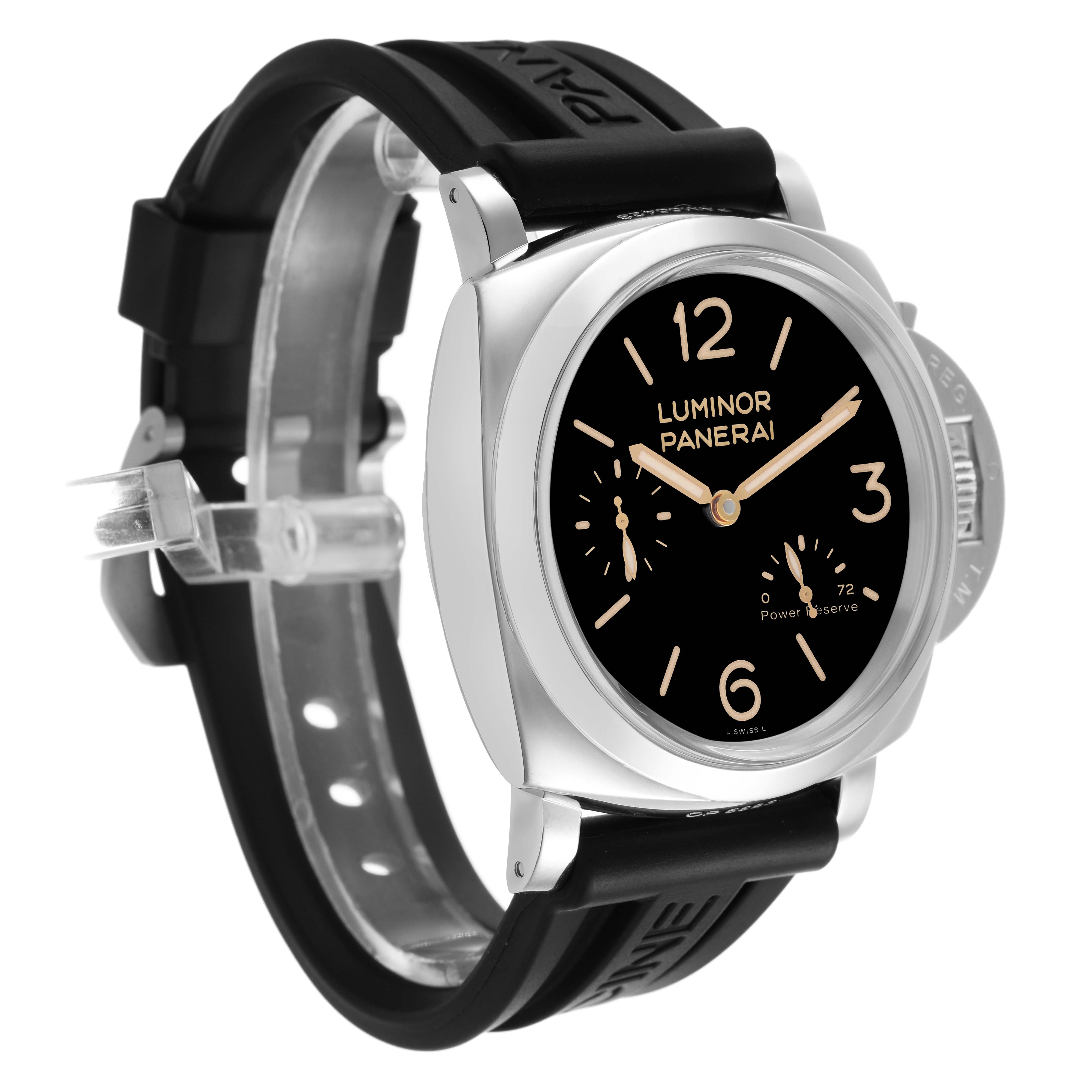 The Panerai Luminor PAM00423 Men's Stainless Steel Black Dial watch is shown at a slight angle displaying the face, case, and rubber strap, highlighting the crown guard.