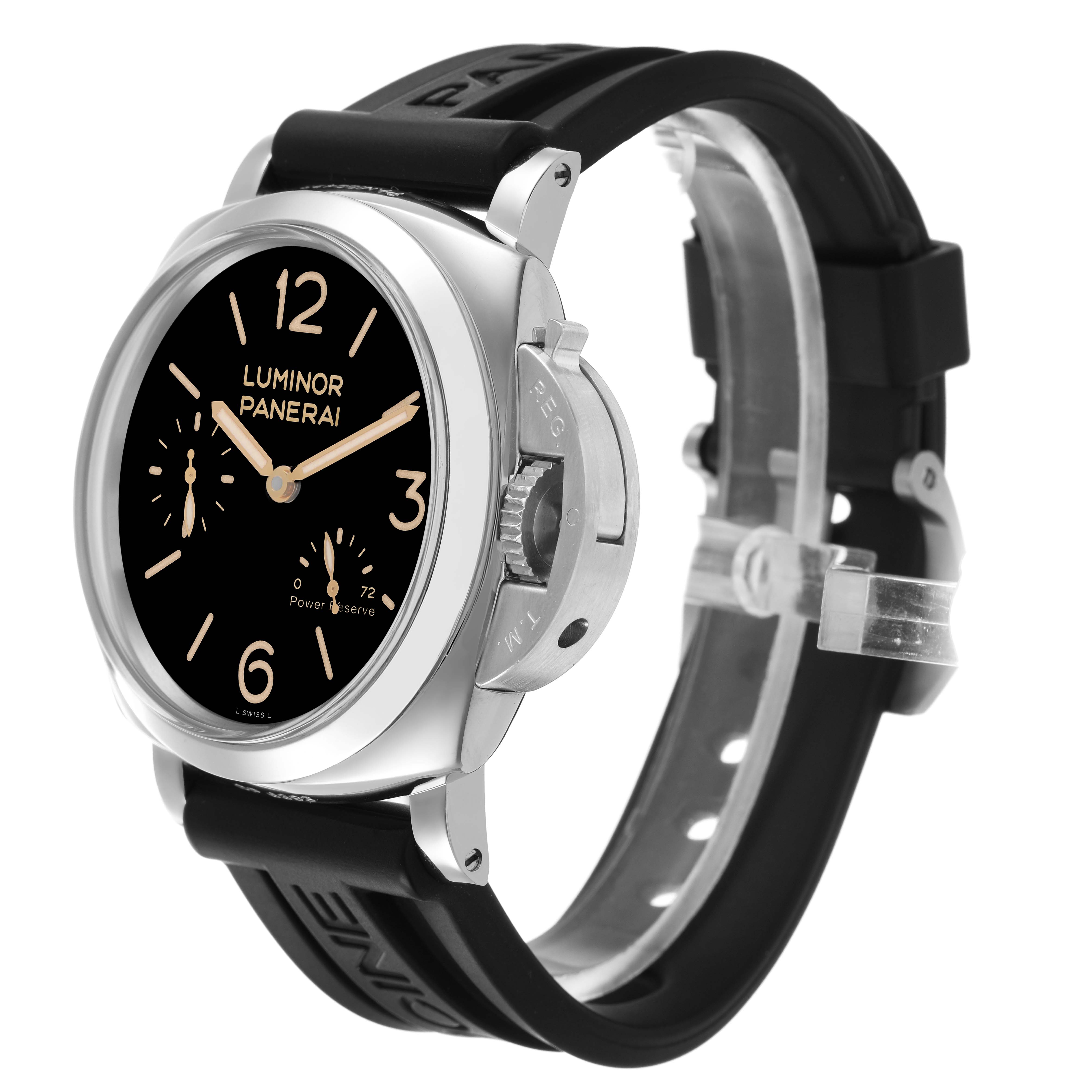The Panerai Luminor PAM00423 Men's Stainless Steel Black Dial watch is shown at an angle highlighting the dial, crown guard, and black strap.