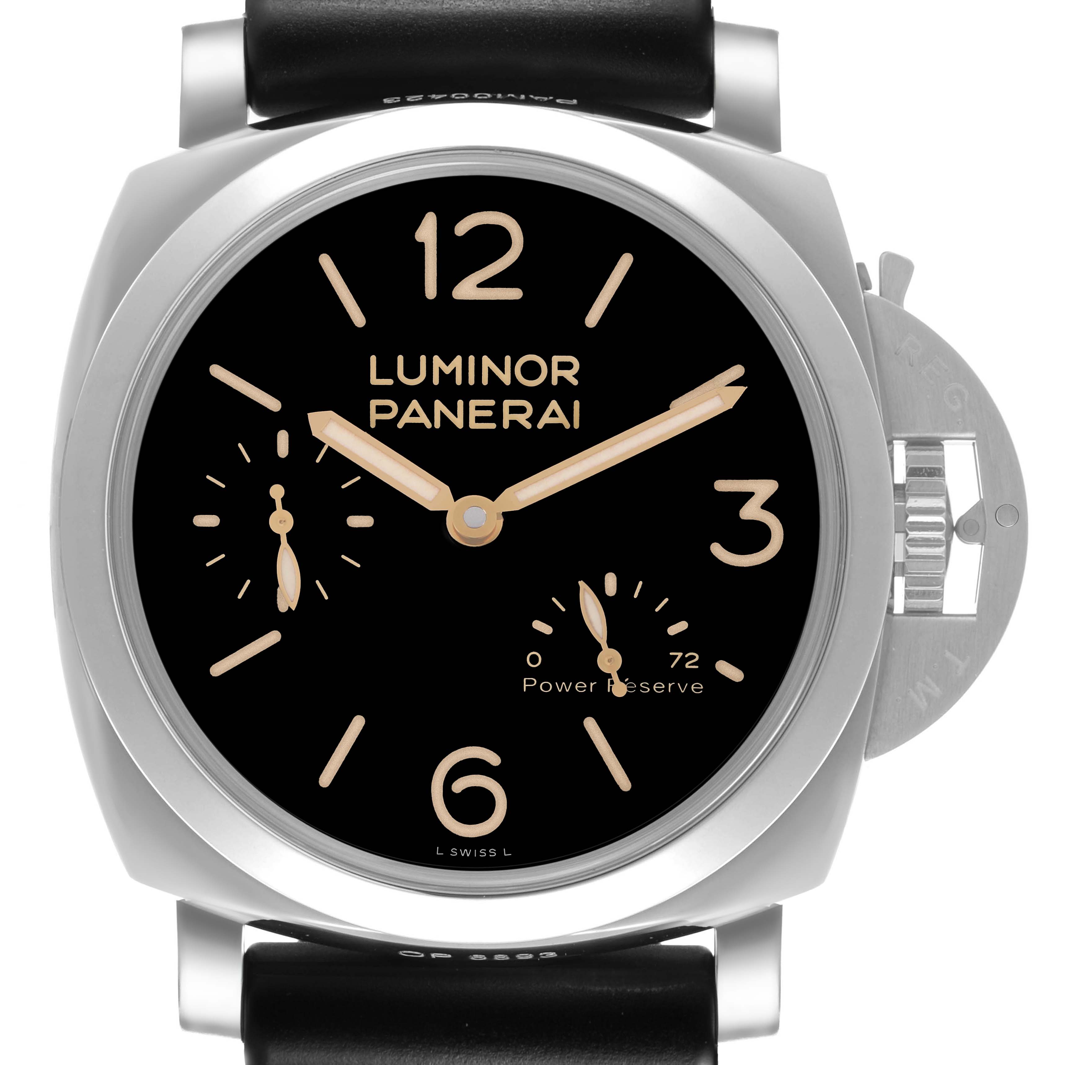 The Panerai Luminor PAM00423 Men's Stainless Steel Black Dial watch is shown from the front, highlighting the dial, hands, subdials, and crown guard.