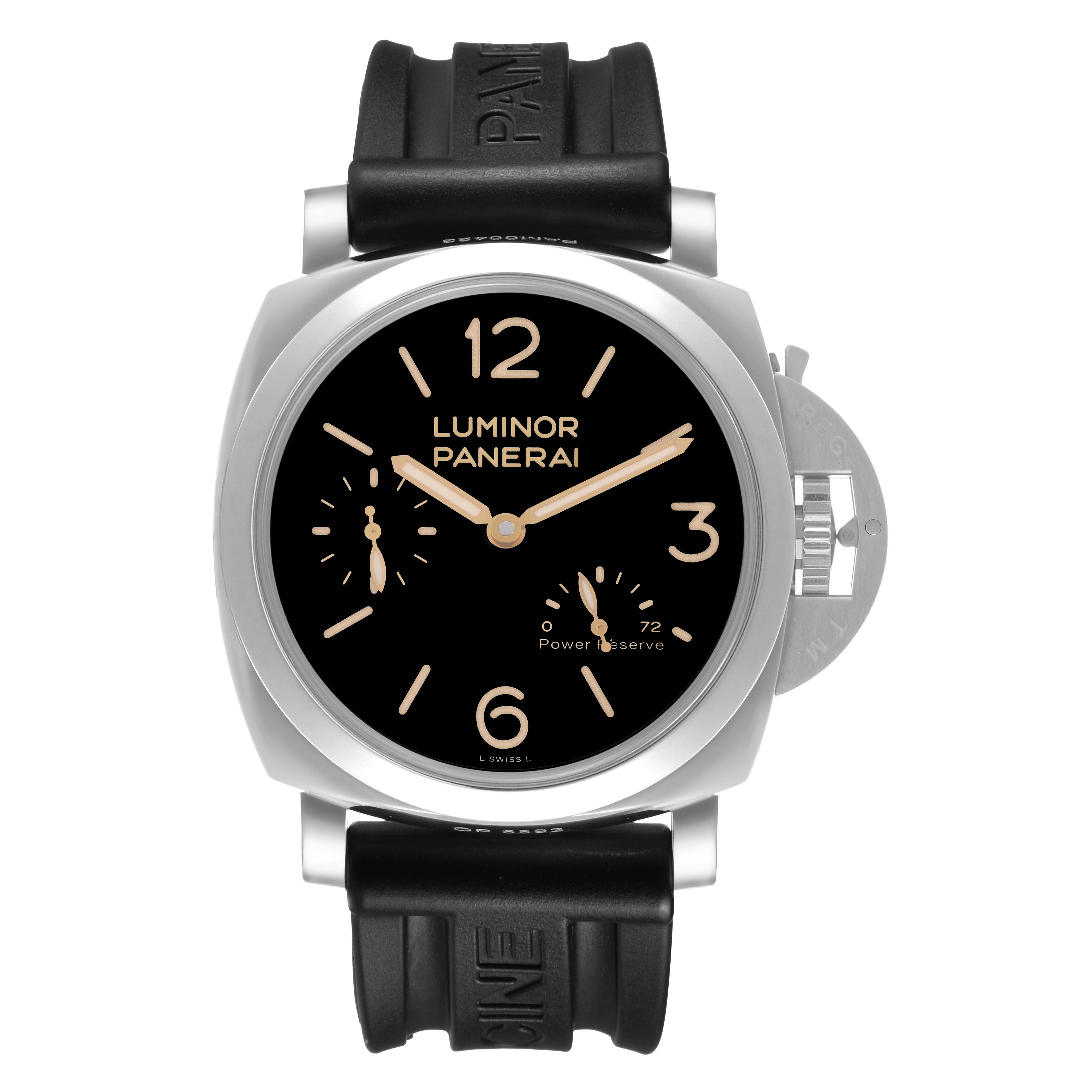 The Panerai Luminor PAM00423 Men's Stainless Steel Black Dial watch is shown from a front angle, displaying the dial and rubber strap.