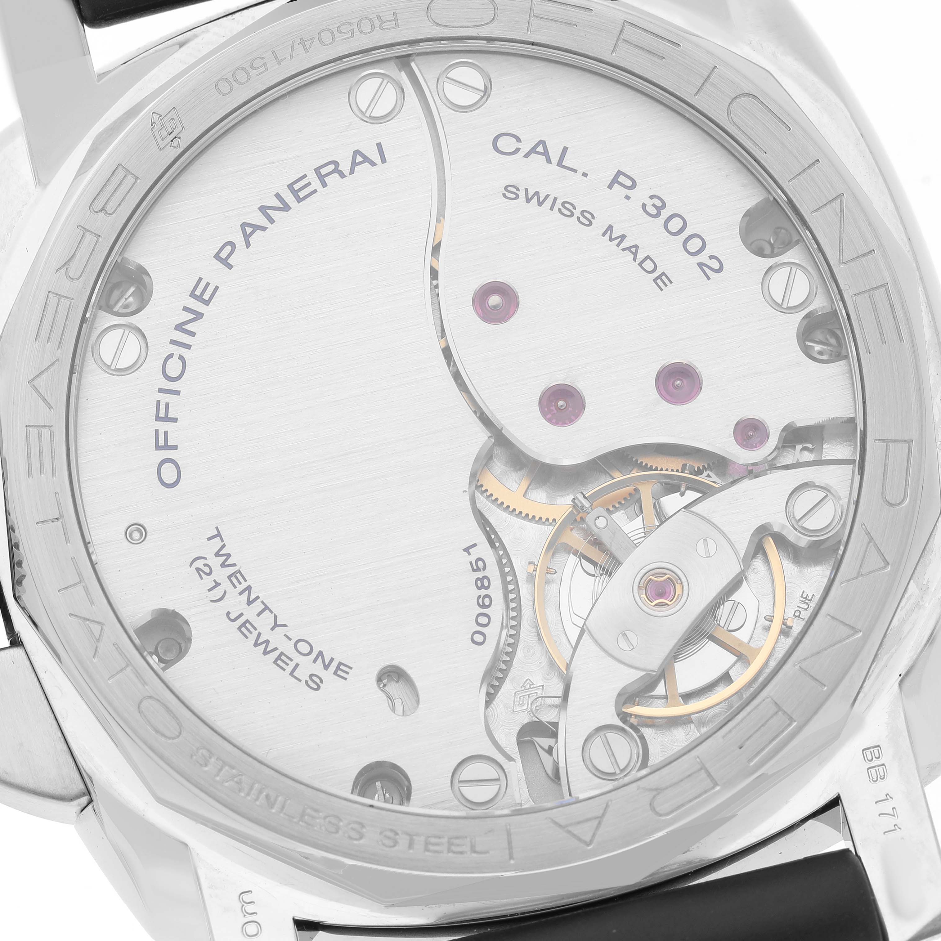 The image shows the case back of a Panerai Luminor PAM00423 Men's Stainless Steel Black Dial, revealing the movement with visible details like screws and jewels.