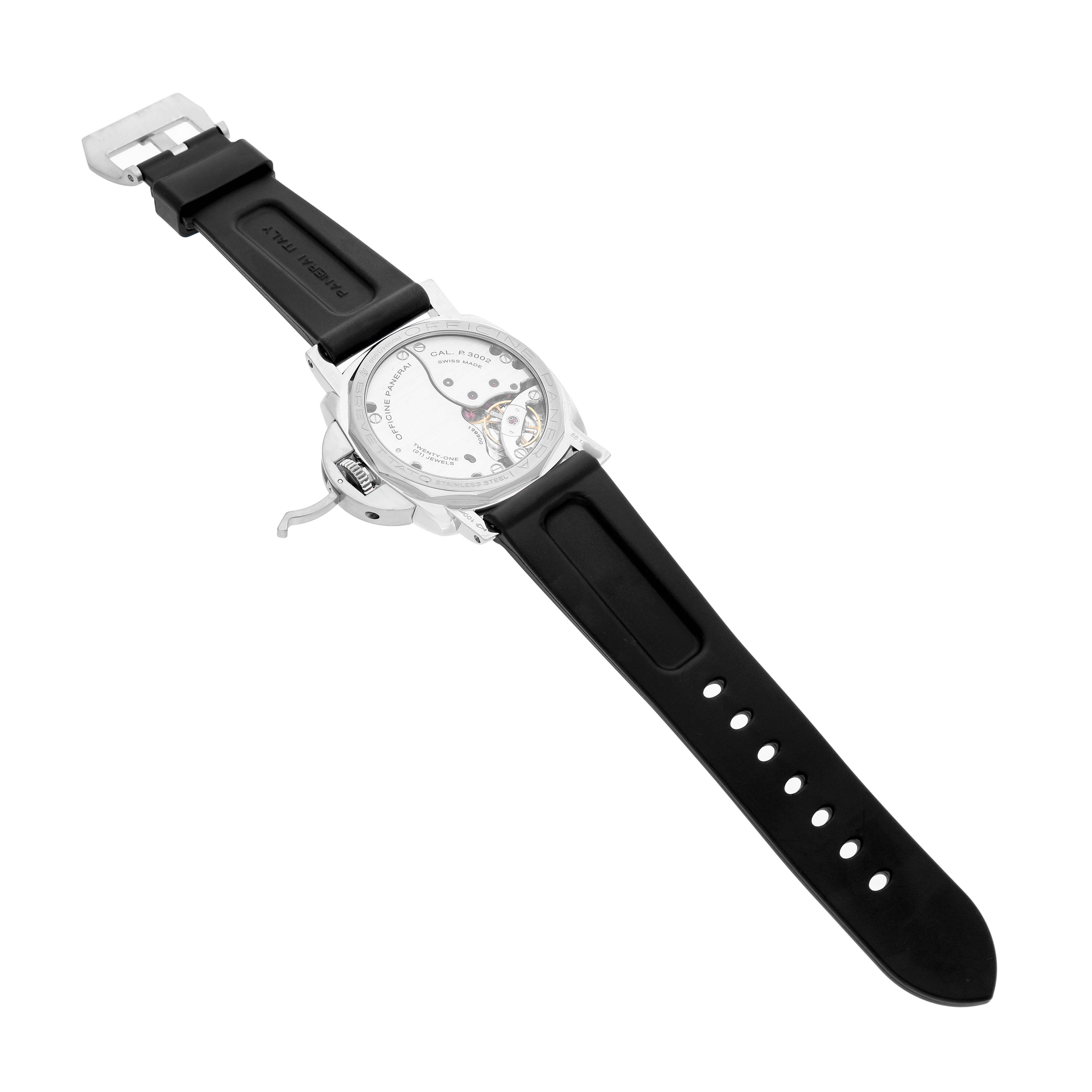 The image shows a Panerai Luminor PAM00423 Men's Stainless Steel Black Dial watch from the back, highlighting the movement and rubber strap.