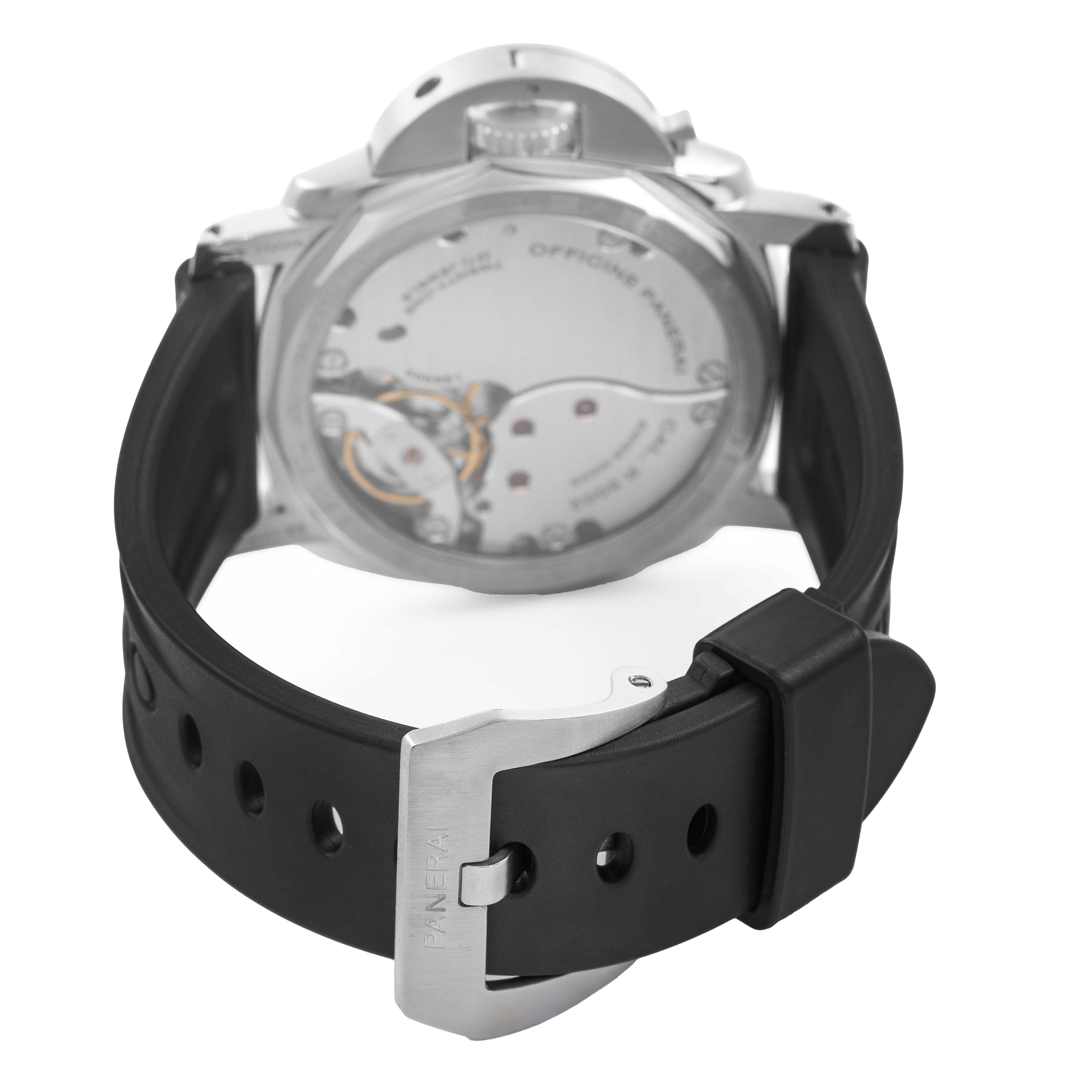 The image shows the back of a Panerai Luminor PAM00423 Men's Stainless Steel Black Dial watch, highlighting the movement through a transparent case back and the rubber strap.