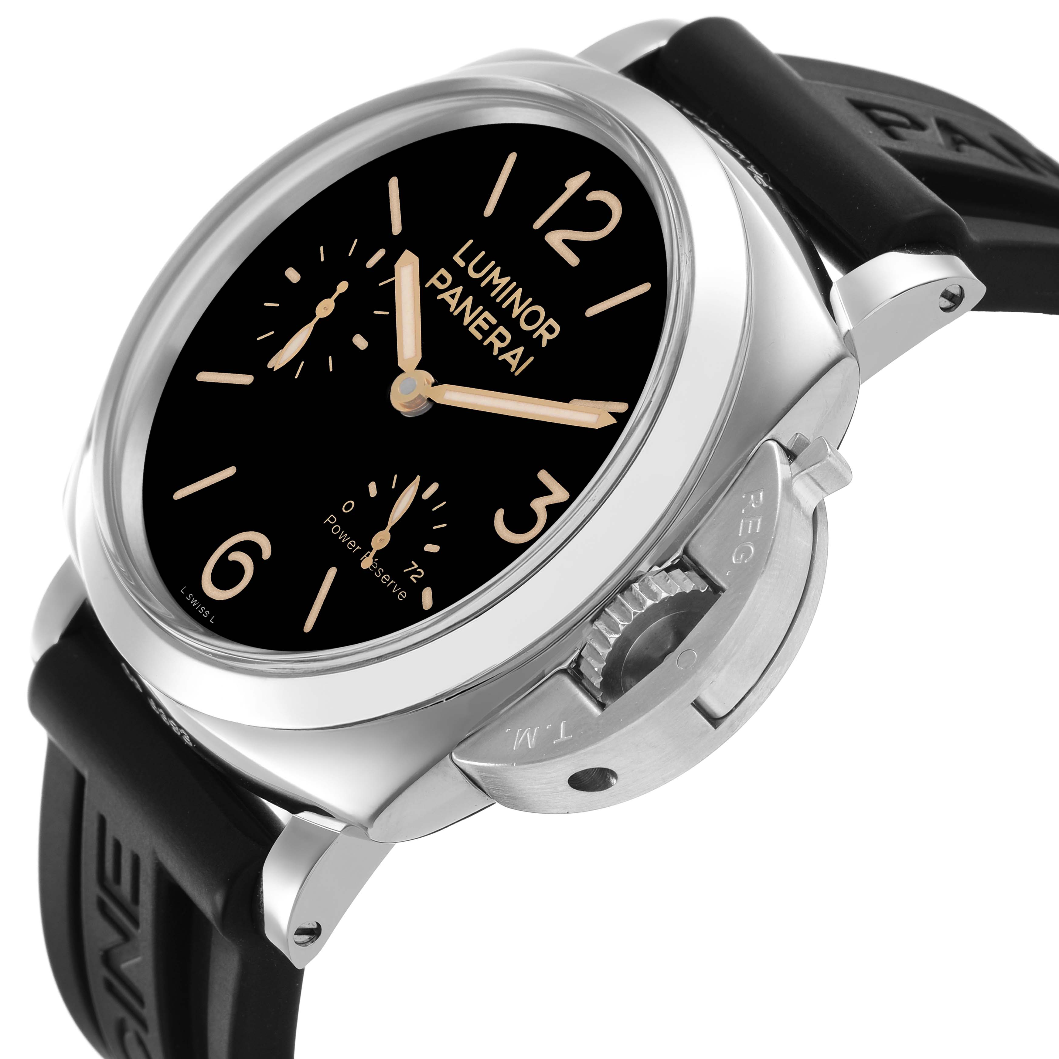 The Panerai Luminor PAM00423 Men's Stainless Steel Black Dial watch is shown from an angled front view, highlighting the dial, crown, and strap attachments.
