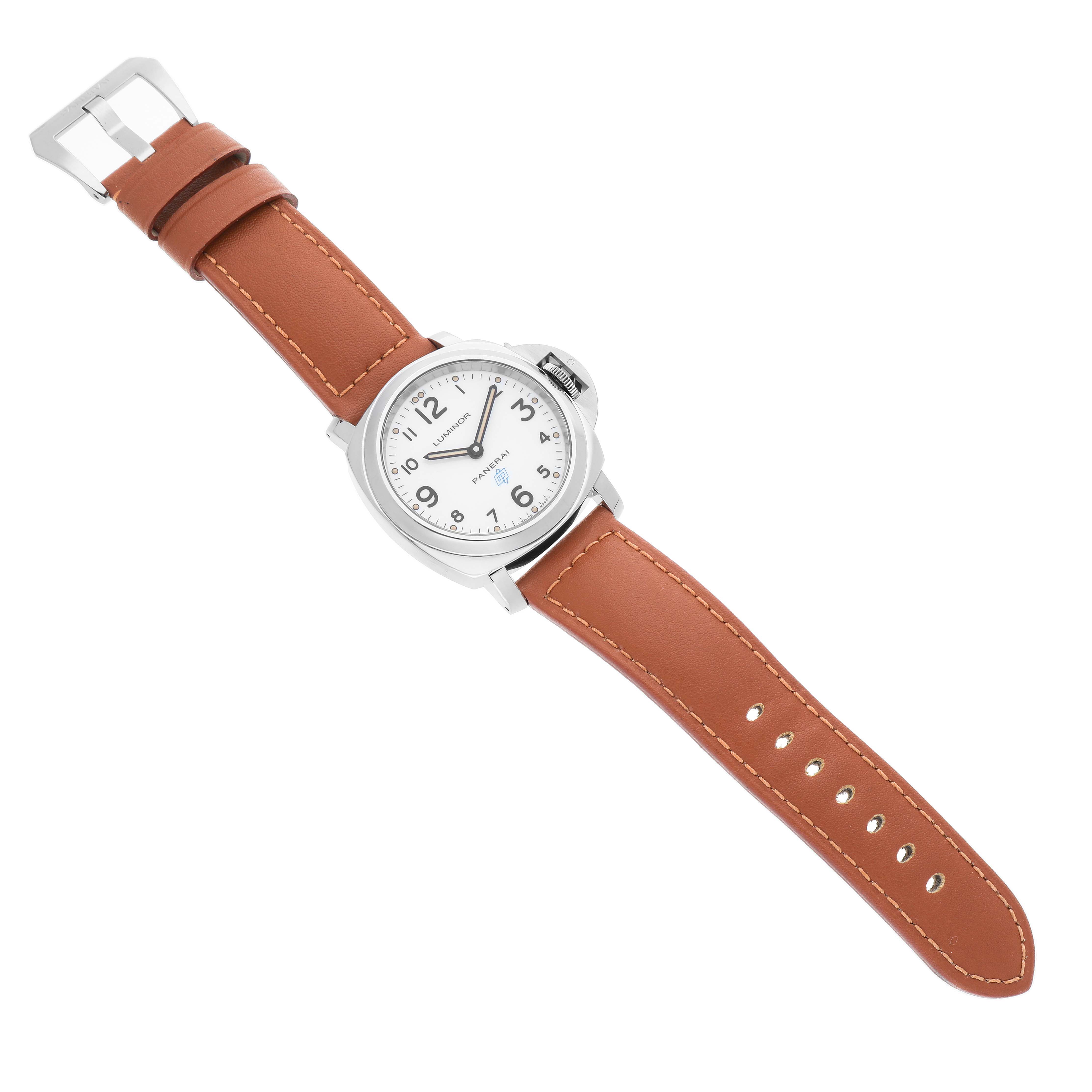 The Panerai Luminor PAM00630 Men's Stainless Steel White Dial watch is shown at a slight angle, featuring its face, case, crown, and brown leather strap.